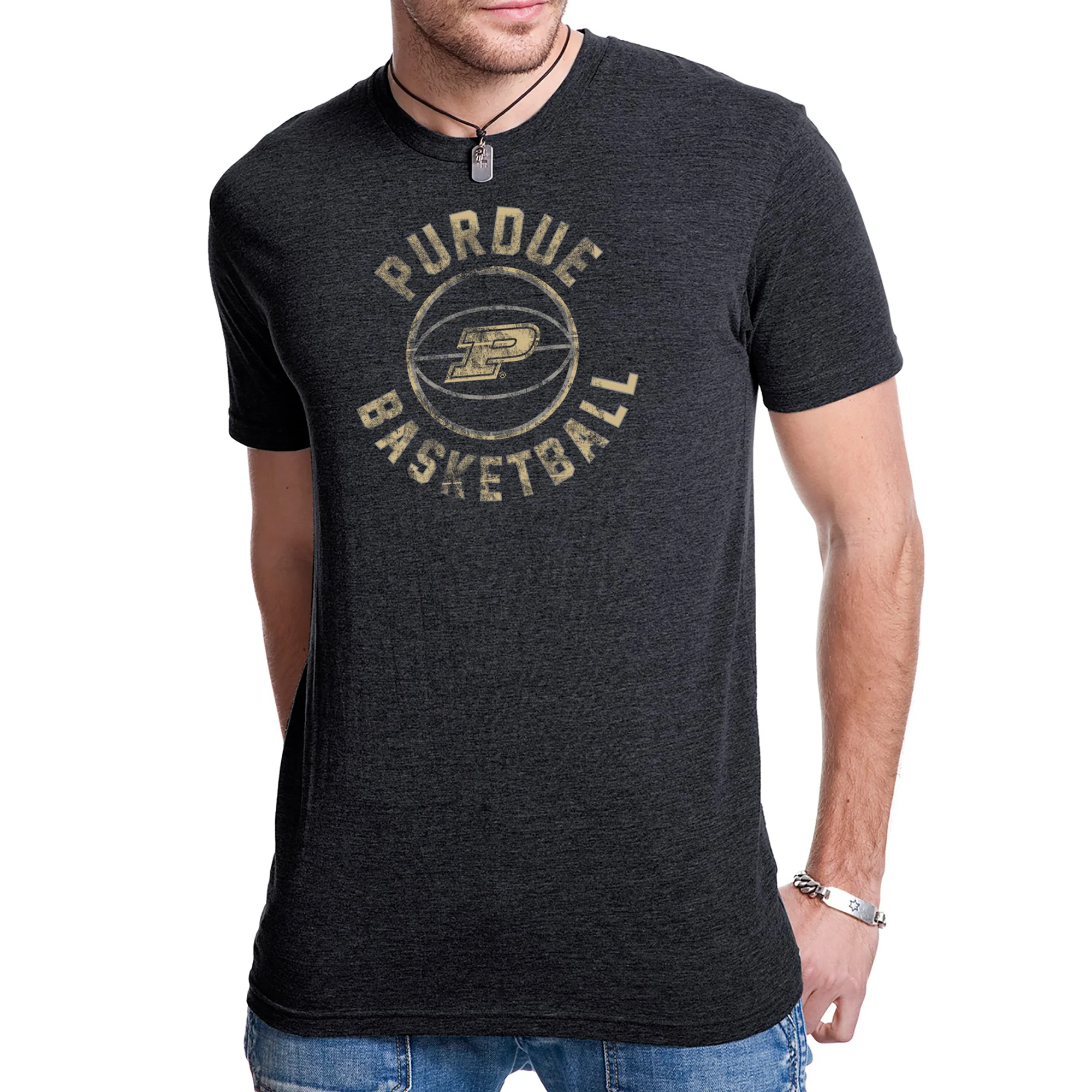 Purdue University Boilermakers Basketball Distress Short Sleeve T Shirt - Vintage Black - Image 3