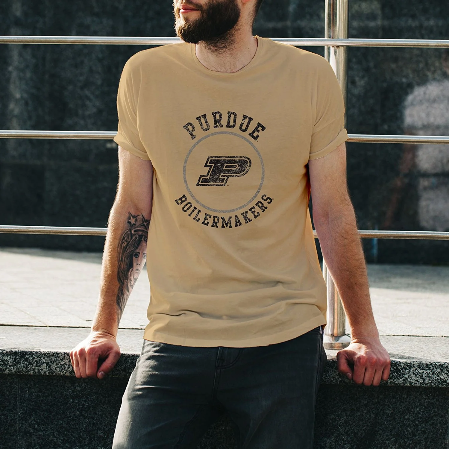 Purdue University Boilermakers Distressed Circle Logo Short Sleeve T Shirt - Vegas Gold - Image 3