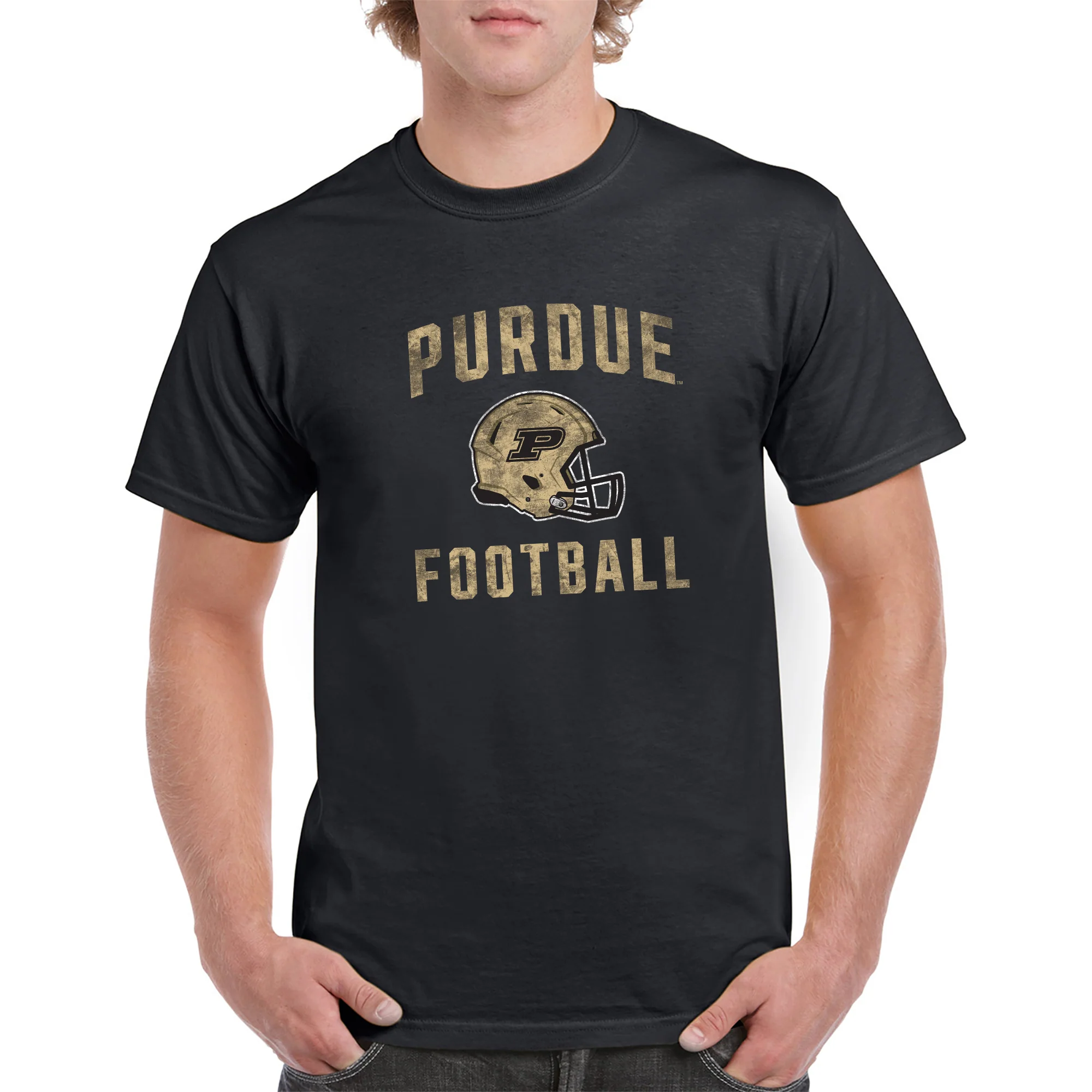 Purdue University Boilermakers Faded Football Helmet Basic Cotton Short Sleeve T Shirt - Black - Image 3