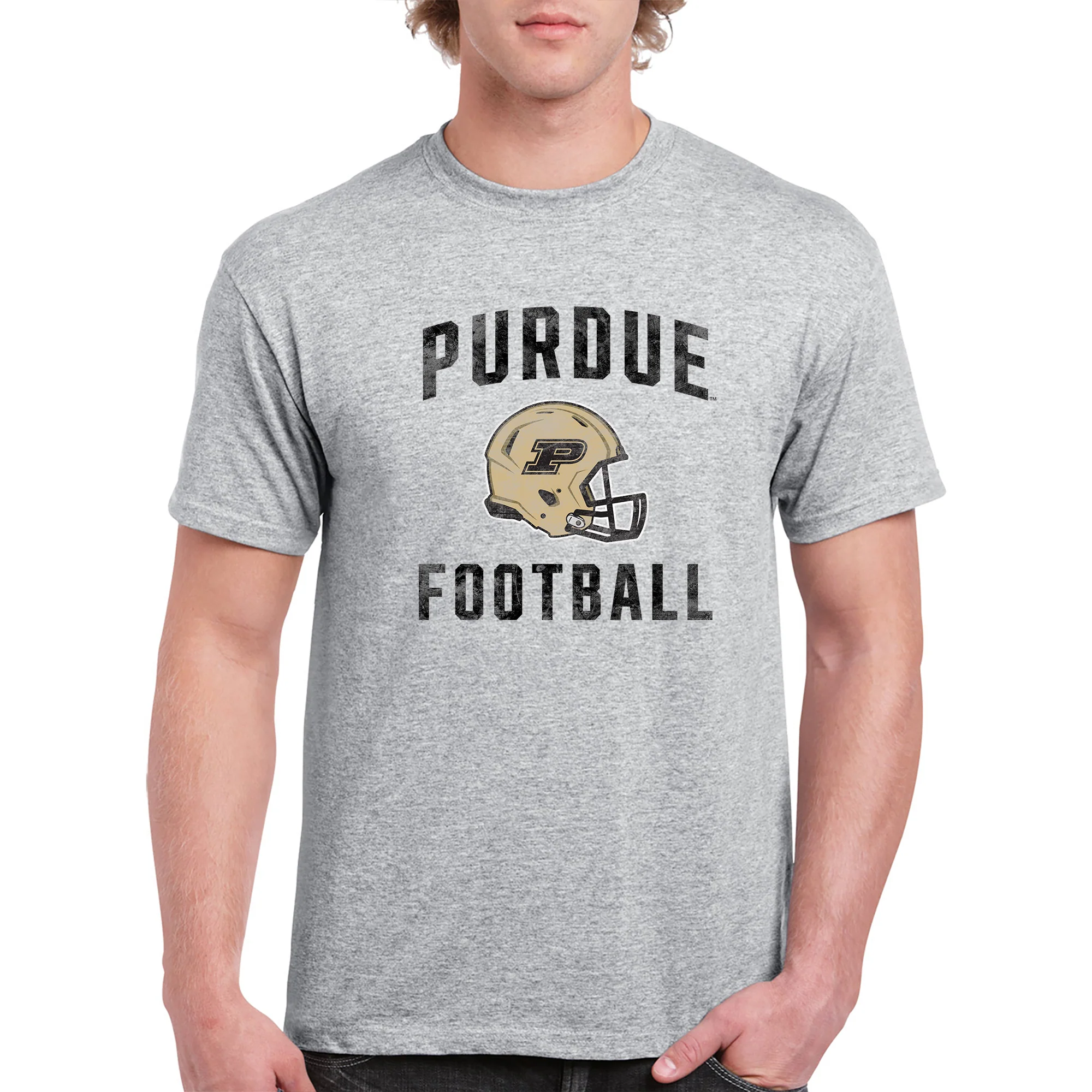 Purdue University Boilermakers Faded Football Helmet Basic Cotton Short Sleeve T Shirt - Sport Grey - Image 3