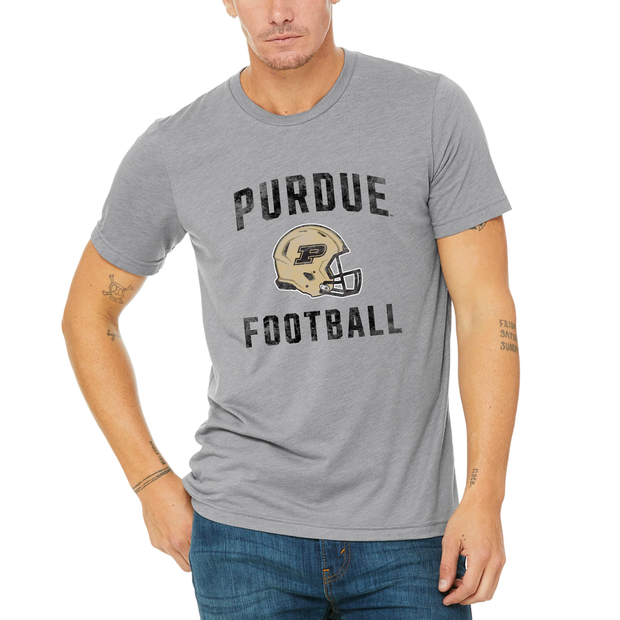 Purdue University Boilermakers Faded Football Helmet Canvas Triblend T Shirt - Athletic Grey Triblend - Image 3