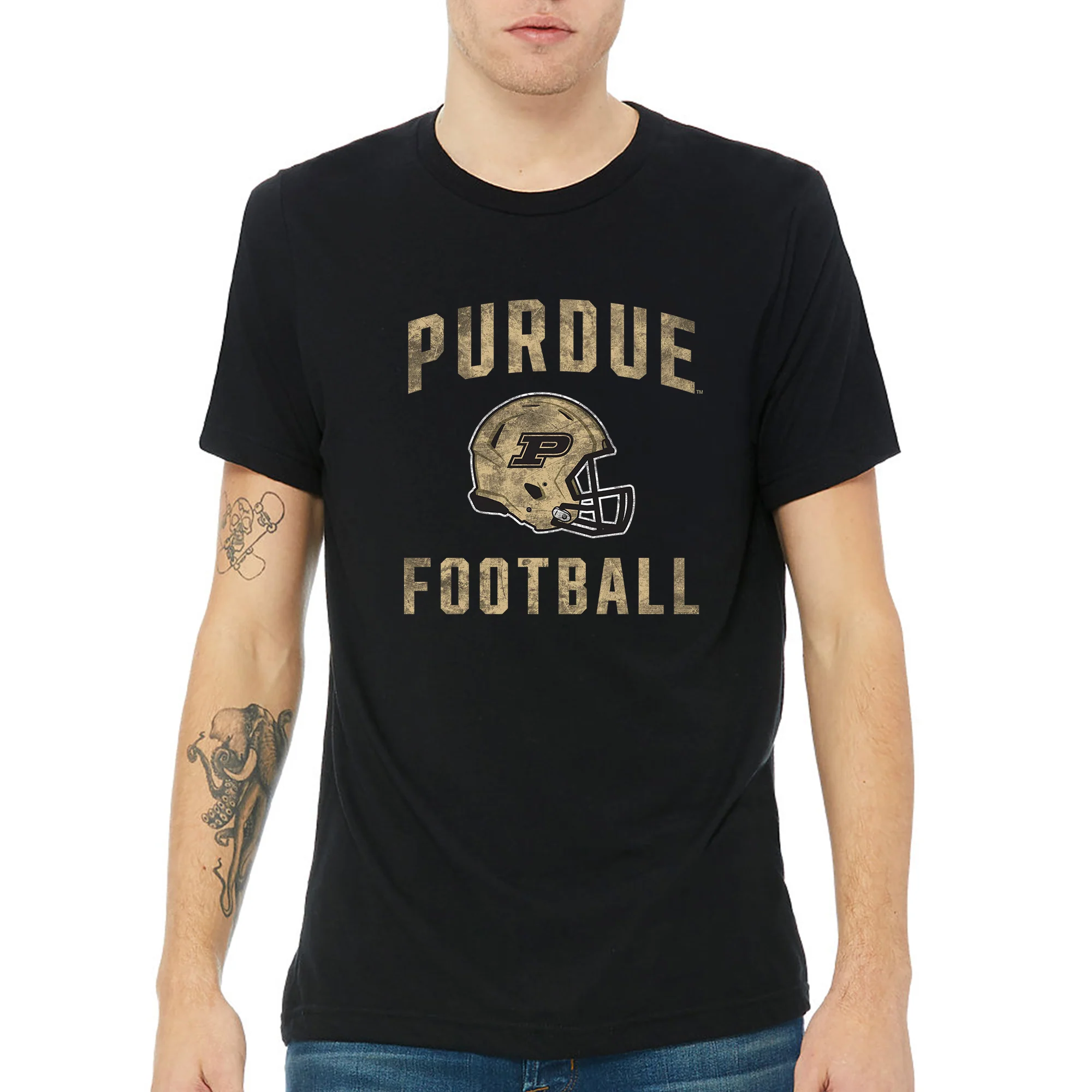 Purdue University Boilermakers Faded Football Helmet Canvas Triblend T Shirt - Solid Black Triblend - Image 3