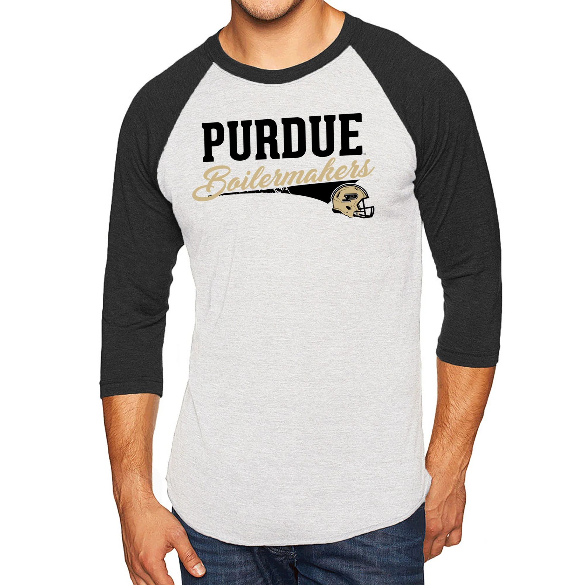 Purdue Varsity Script Helmet Raglan - Heather White/Vintage Black - Image 3