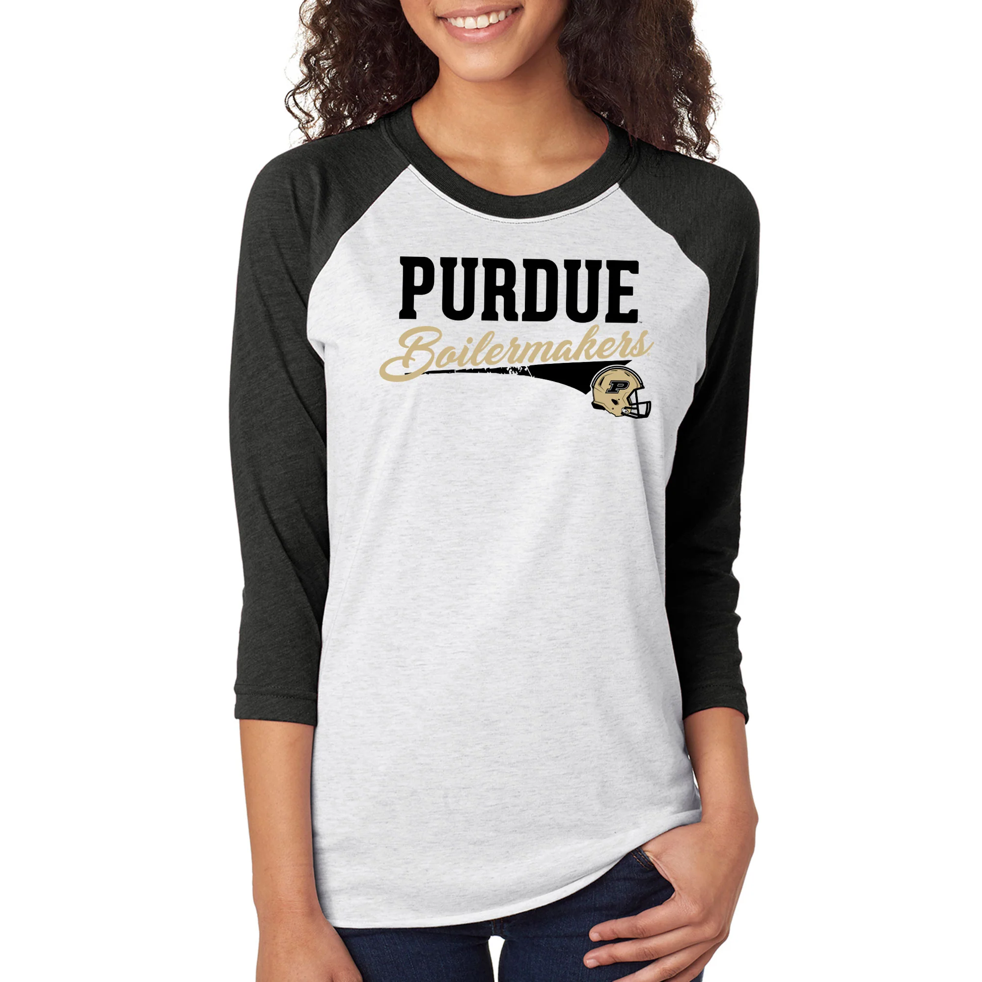 Purdue Varsity Script Helmet Raglan - Heather White/Vintage Black - Image 4