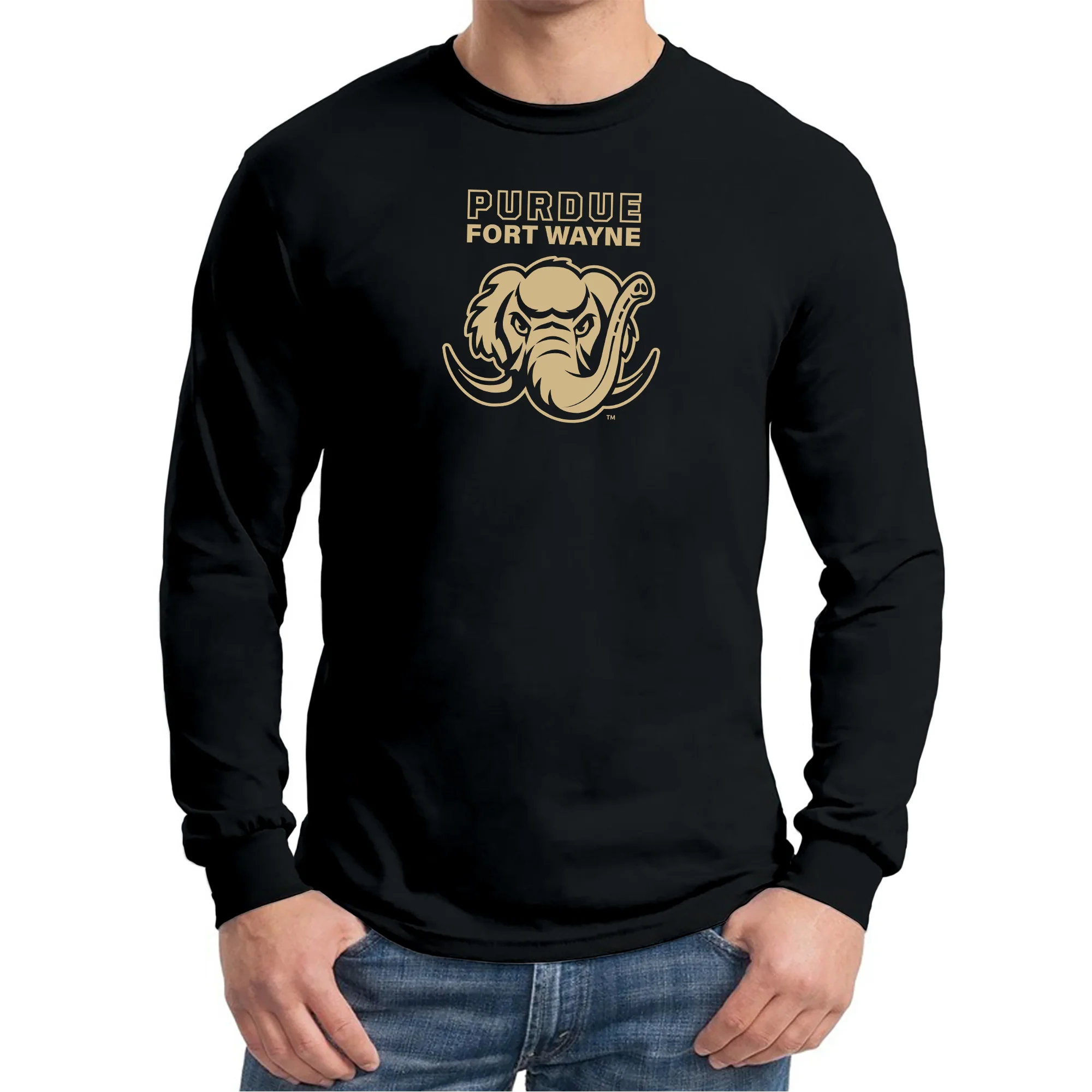 Purdue University Fort Wayne Mastodons Primary Logo Long Sleeve T Shirt - Black - Image 3