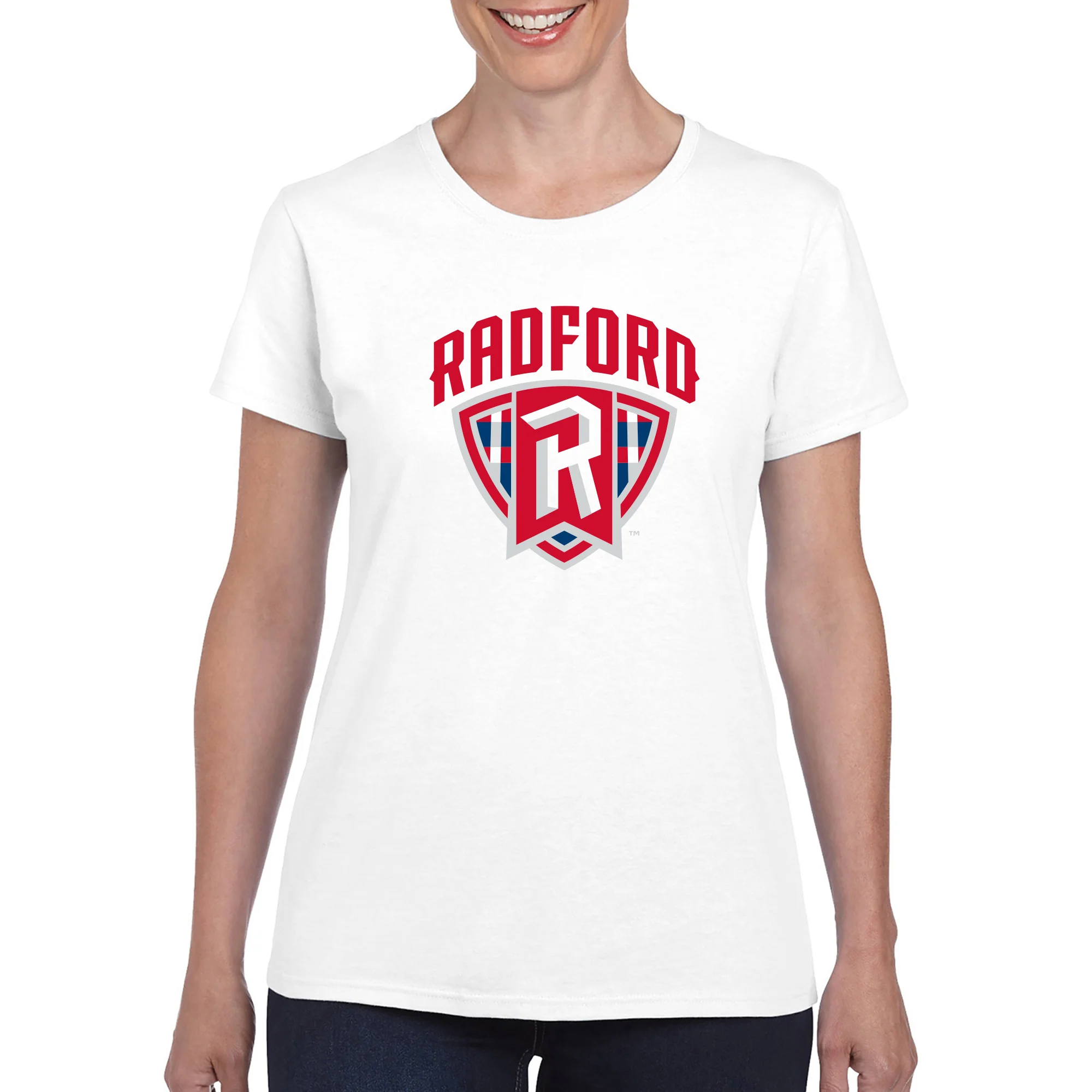 Radford University Highlanders Arch Logo Basic Cotton Short Sleeve Womens T Shirt - White - Image 3