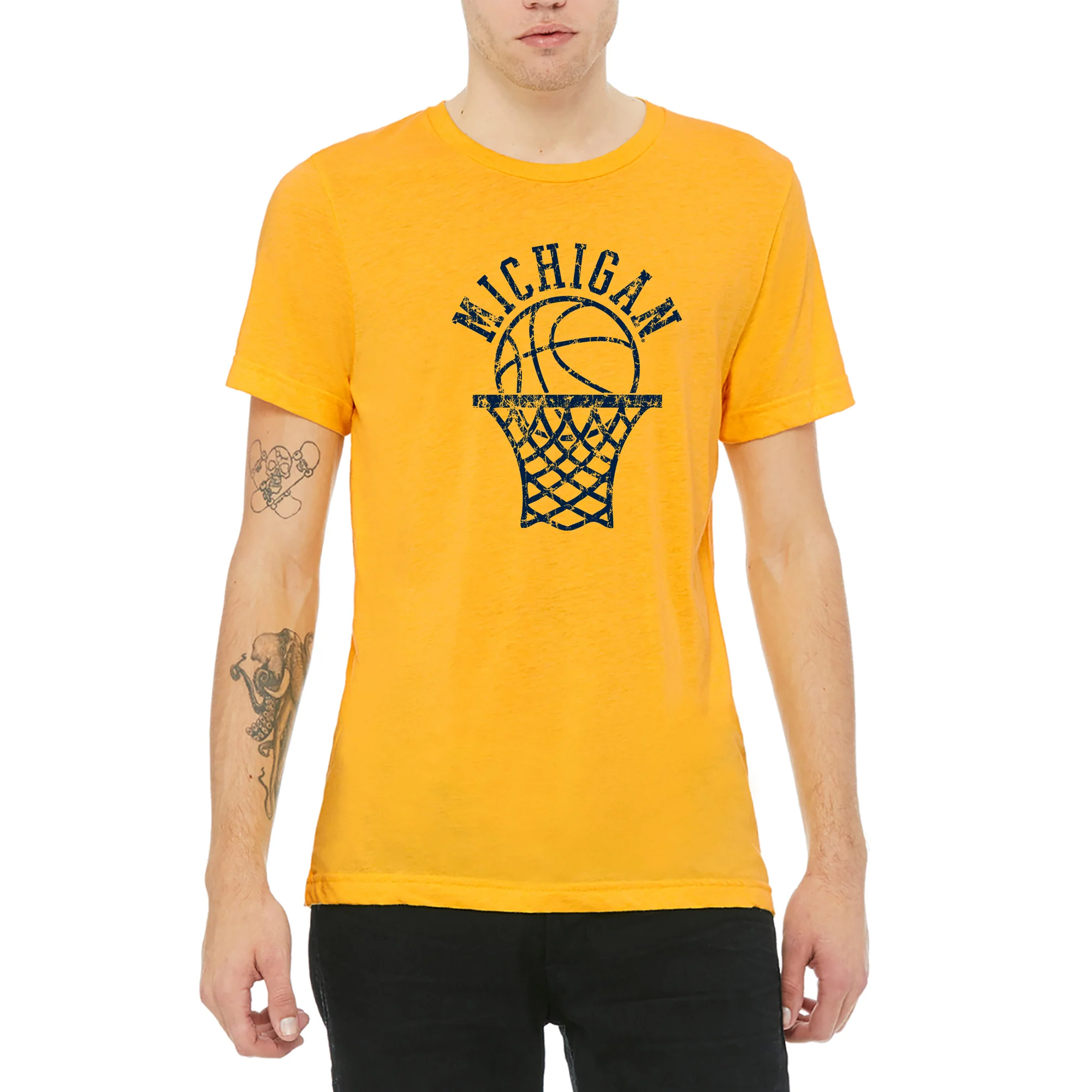 University of Michigan Wolverines Retro Basketball Hoop Canvas Triblend Short Sleeve T Shirt - Yellow Gold - Image 3