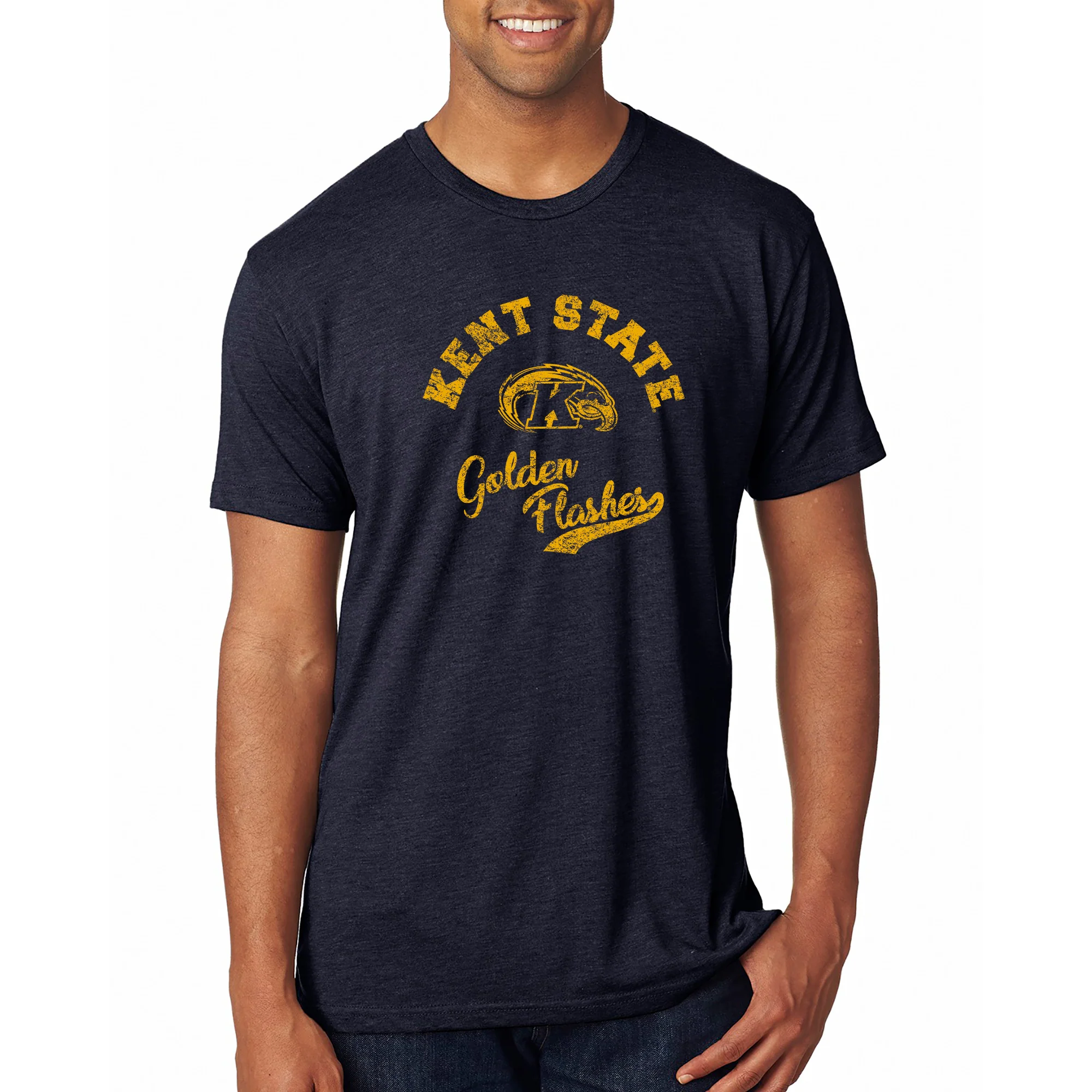 Kent State University Golden Flashes Retro Script Short Sleeve Triblend T Shirt - Vintage Navy - Image 3