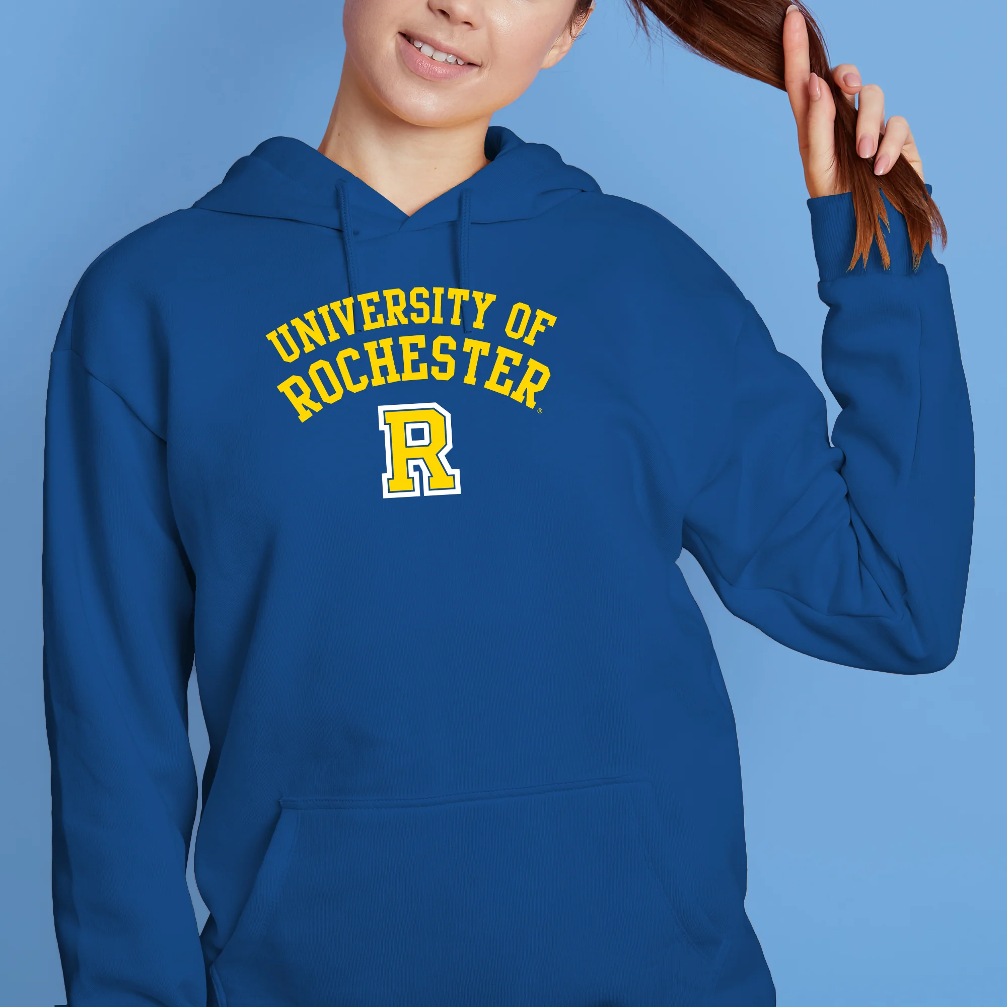 University of Rochester Yellowjackets Arch Logo Heavy Blend Hoodie - Royal - Image 4