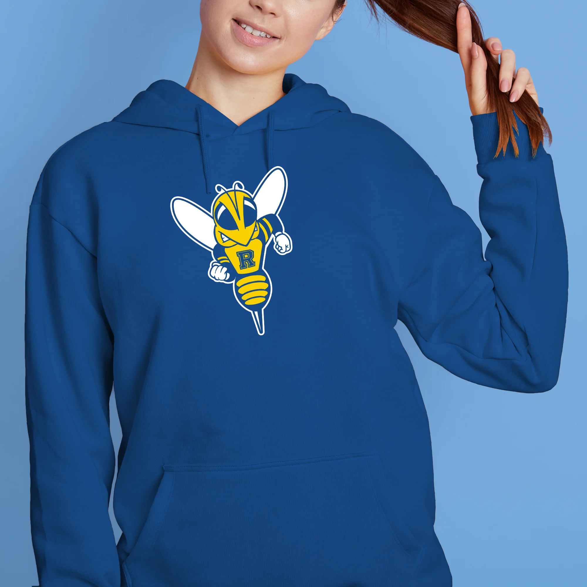 University of Rochester Yellowjackets Primary Logo Heavy Blend Hoodie - Royal - Image 4