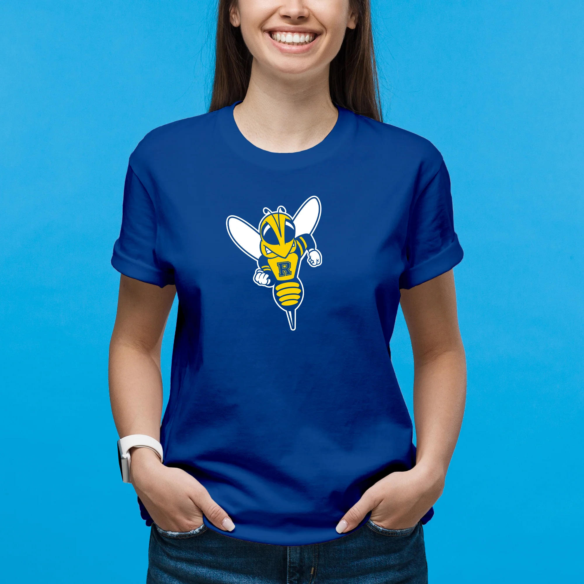 University of Rochester Yellowjackets Primary Logo Short Sleeve T Shirt - Royal - Image 4