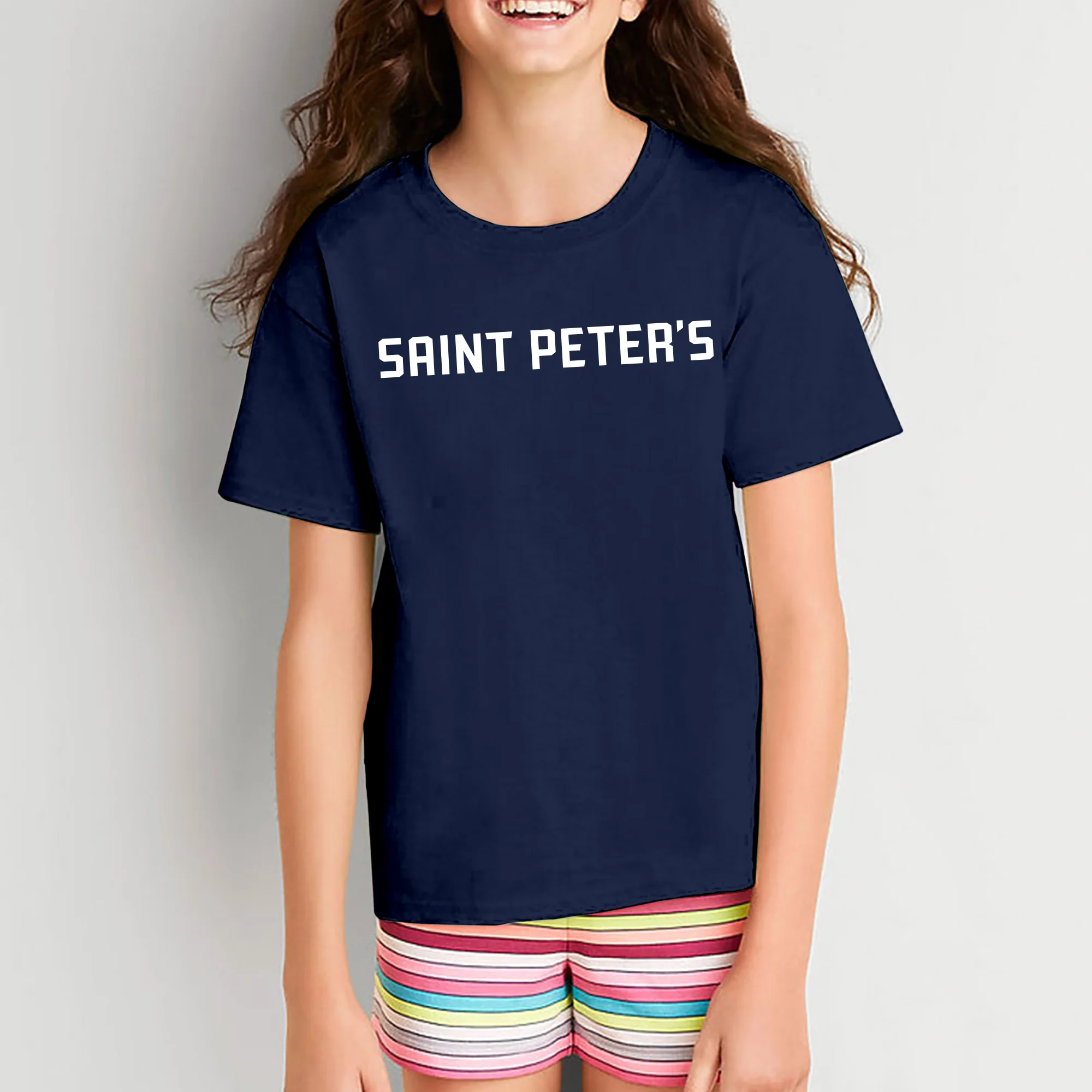 Saint Peter's University Peacocks Basic Block Short Sleeve Youth T Shirt - Navy - Image 4