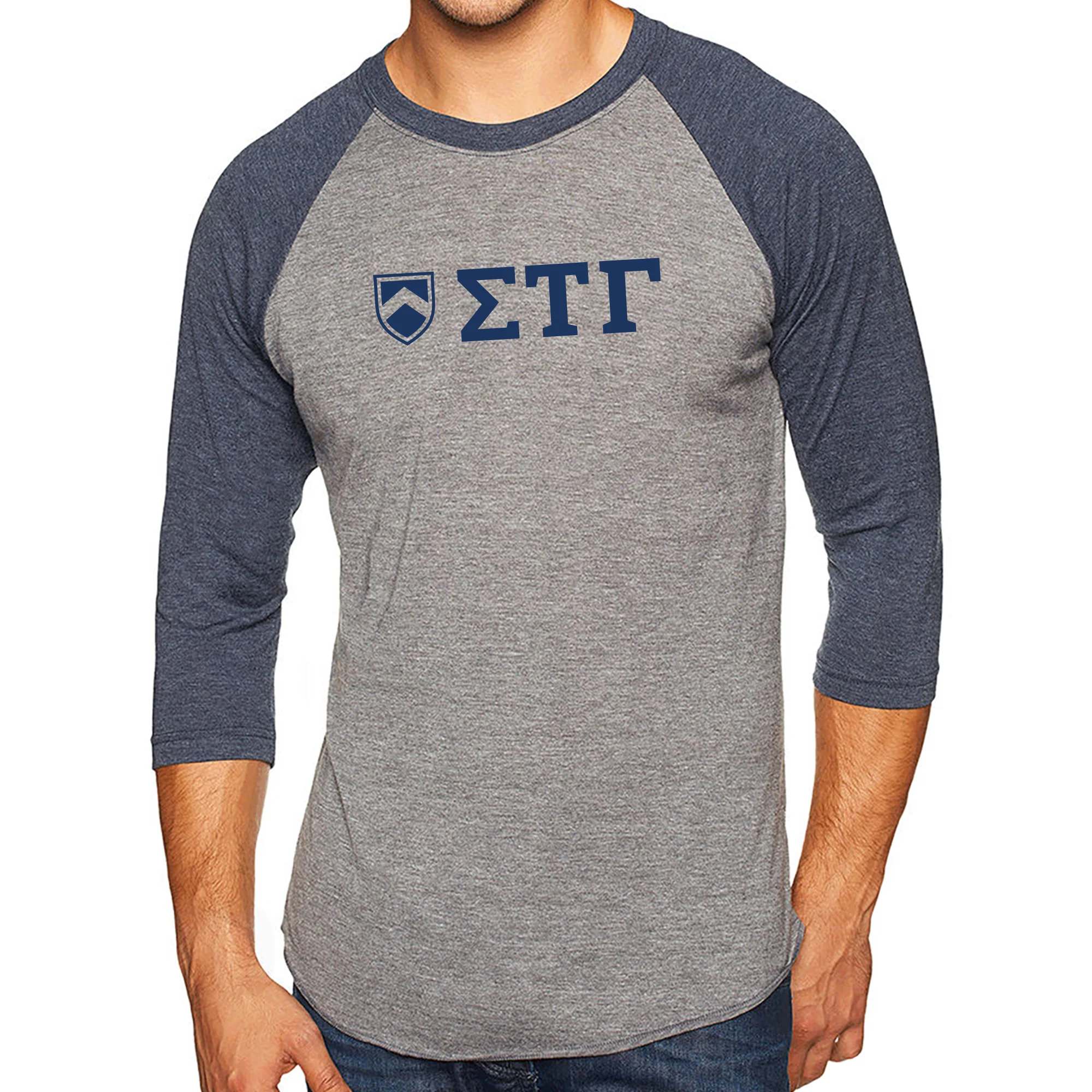 Sigma Tau Gamma Greek Letter Block Raglan - Premium Heather/Navy - Image 3