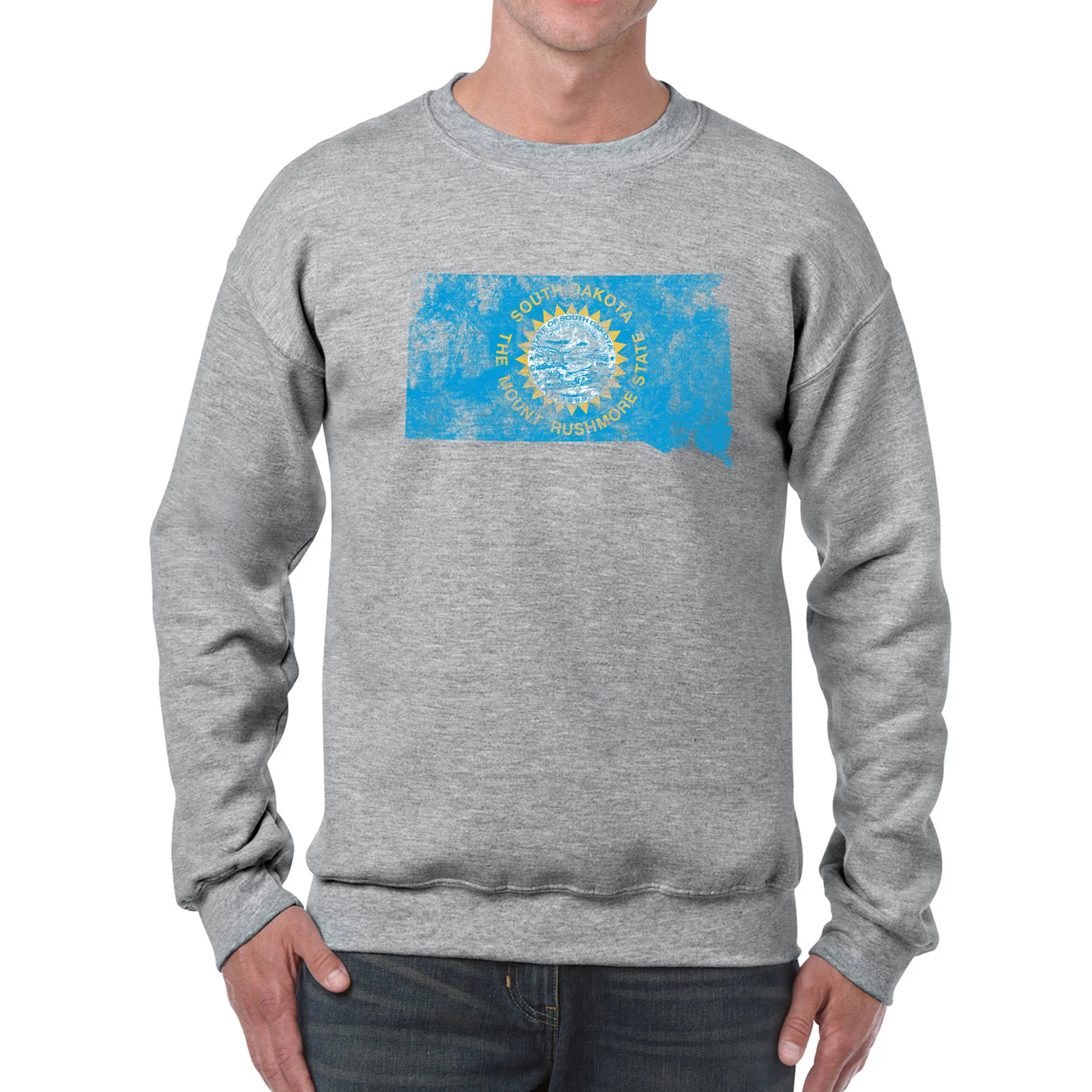 South Dakota Distressed State Flag Outline Crewneck Sweatshirt - Sport Grey - Image 3
