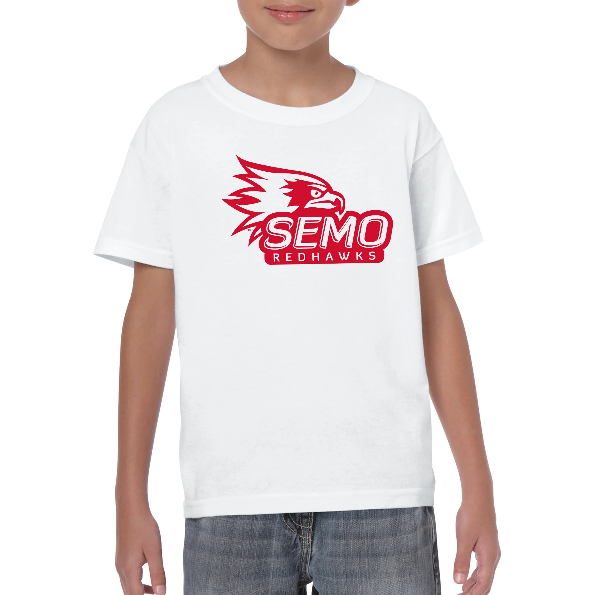 Southeast Missouri State University Redhawks Primary Logo Youth Short Sleeve T-Shirt - White - Image 3