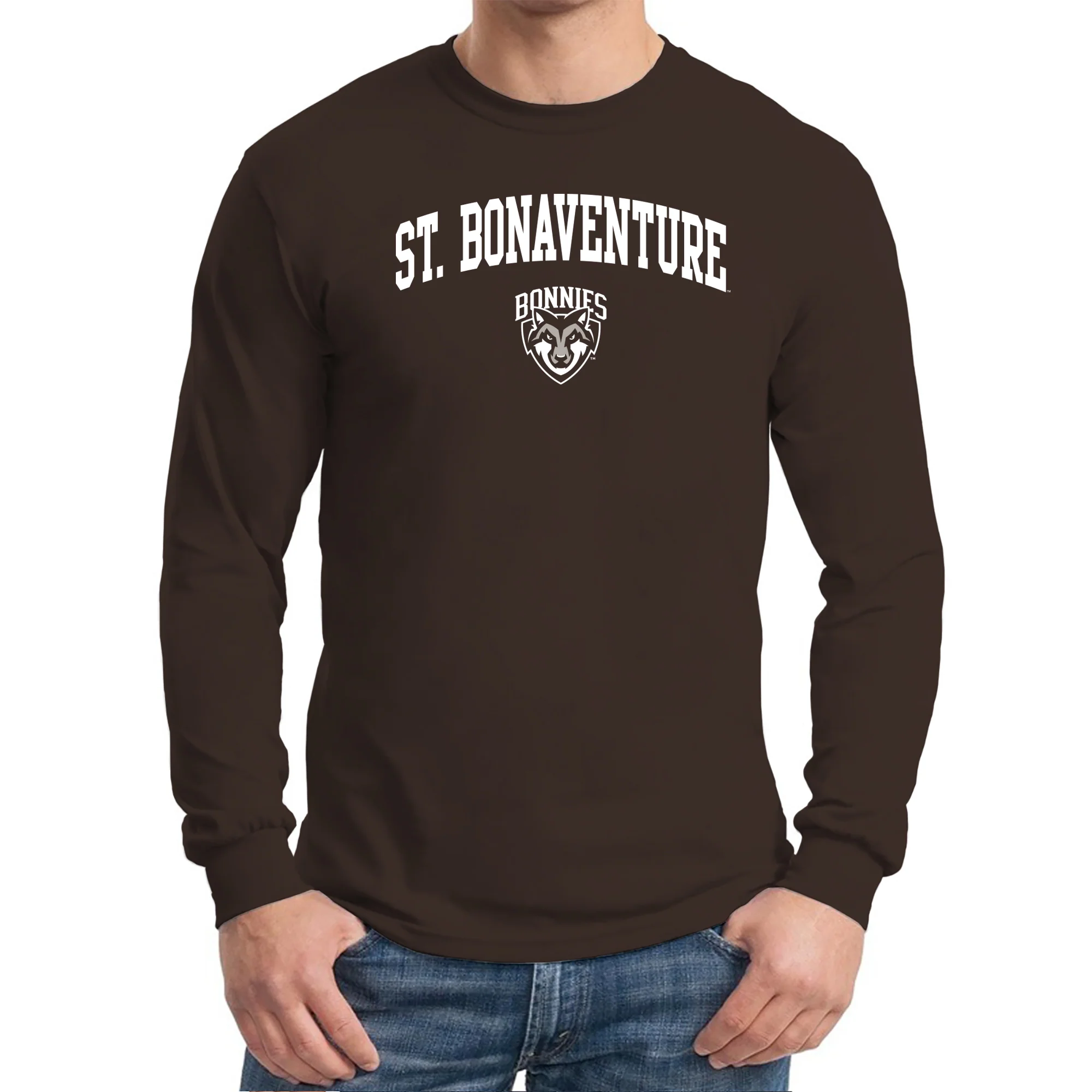 St. Bonaventure Bonnies Arch Logo Long Sleeve T Shirt - Dark Chocolate - Image 3
