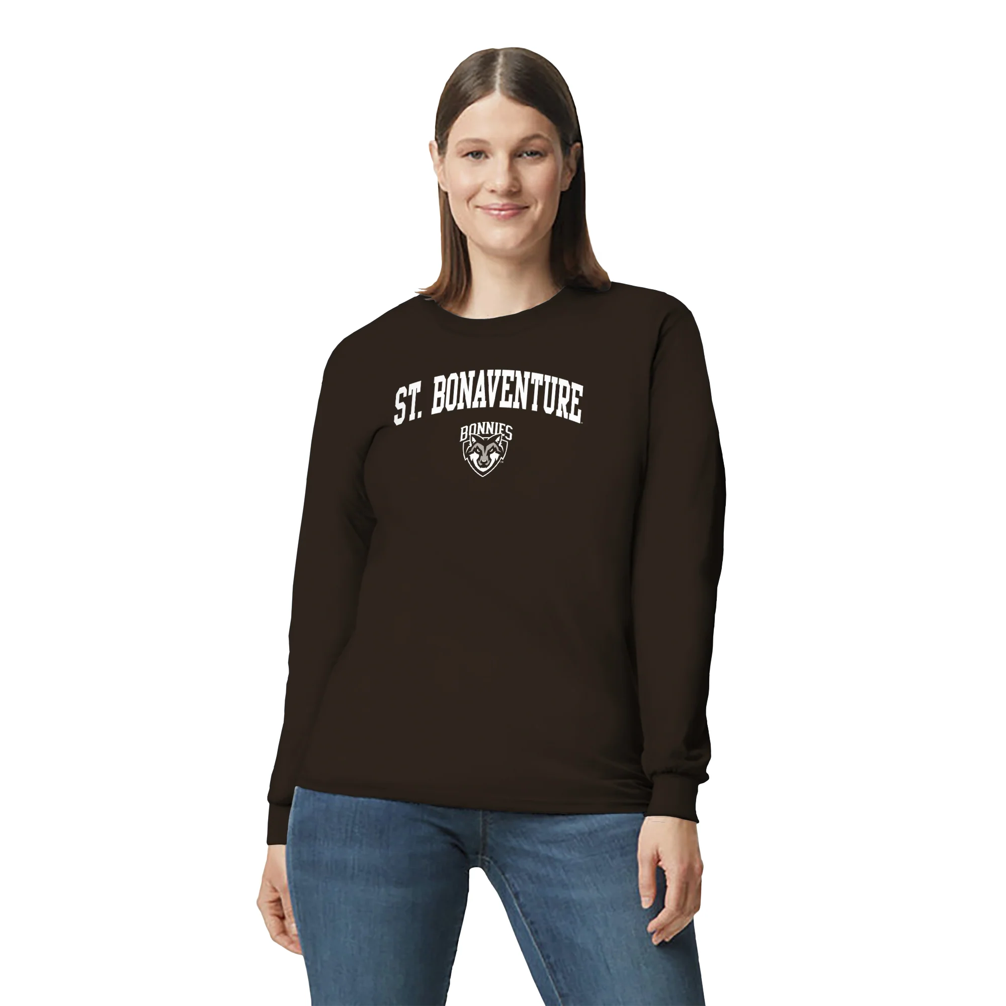 St. Bonaventure Bonnies Arch Logo Long Sleeve T Shirt - Dark Chocolate - Image 4