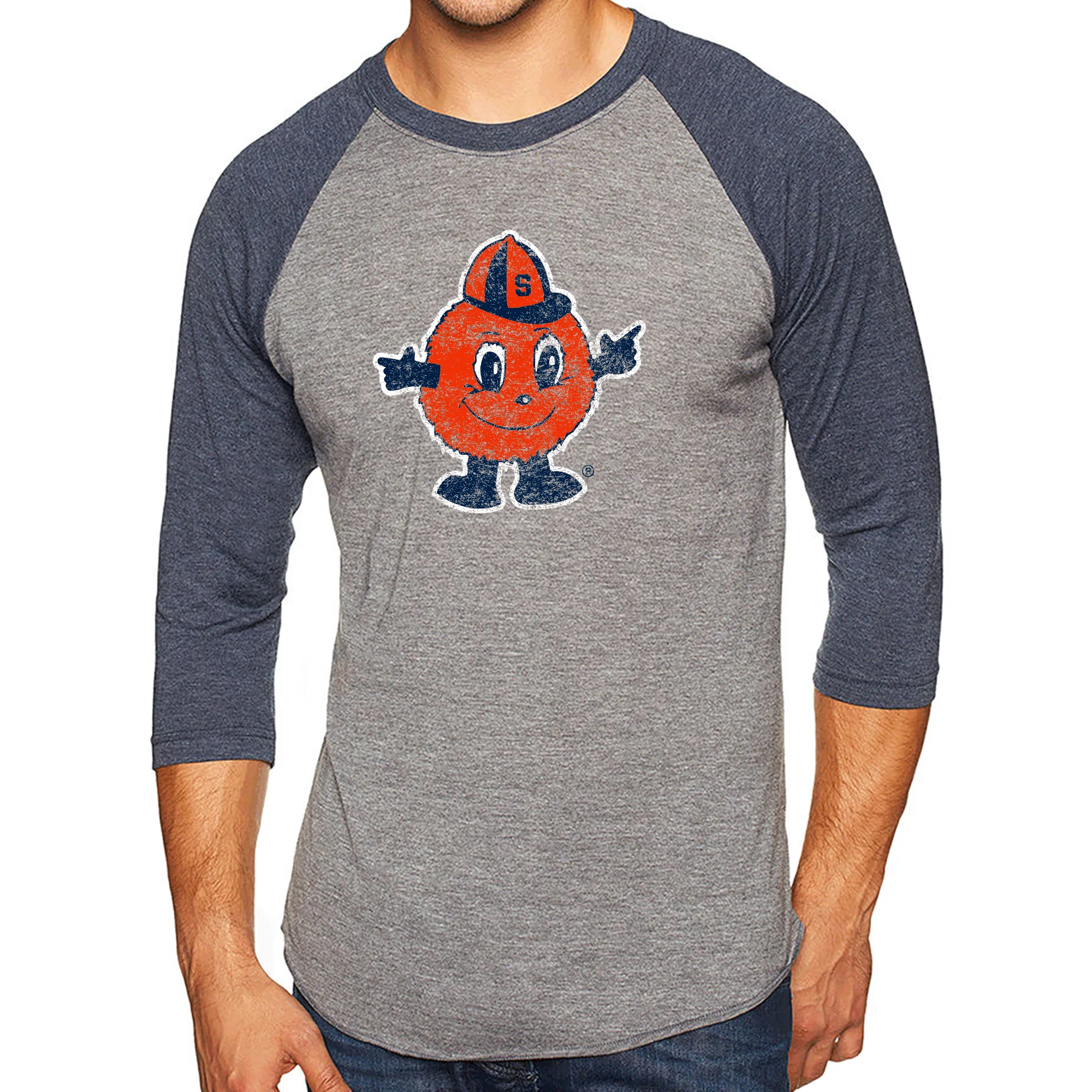 Syracuse Mascot Mark 3/4 Sleeve Raglan - Premium Htr / Vtg Navy - Image 3