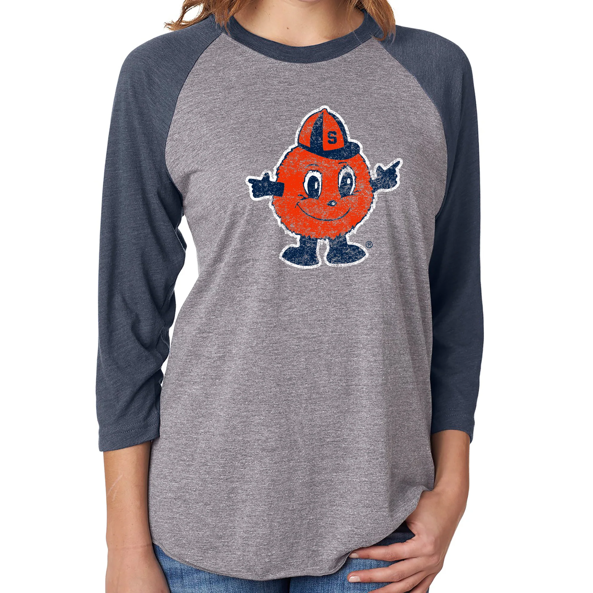 Syracuse Mascot Mark 3/4 Sleeve Raglan - Premium Htr / Vtg Navy - Image 4