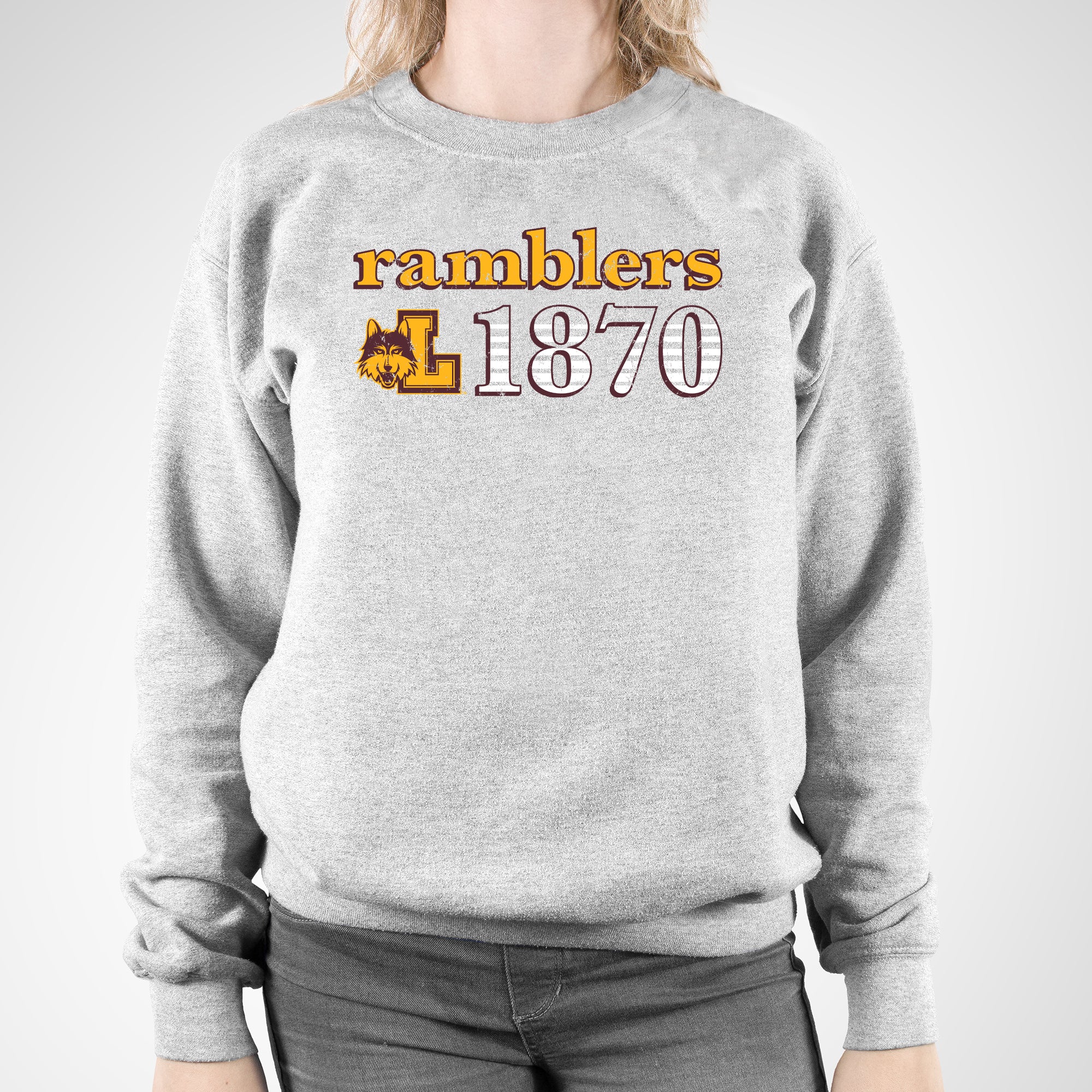 Loyola University Chicago Ramblers Throwback Year Stripe Heavy Blend Crewneck - Sport Grey - Image 4