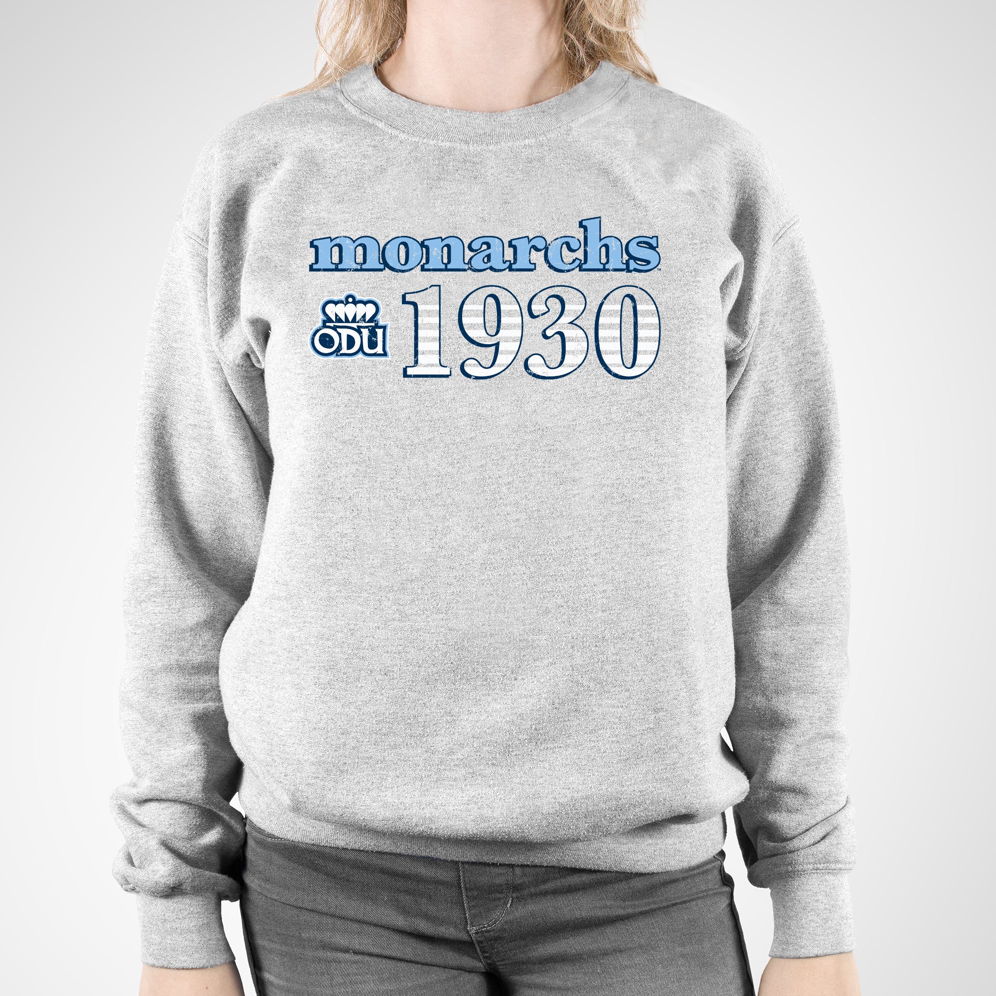 Old Dominion University Monarchs Throwback Year Stripe Heavy Blend Crewneck - Sport Grey - Image 5