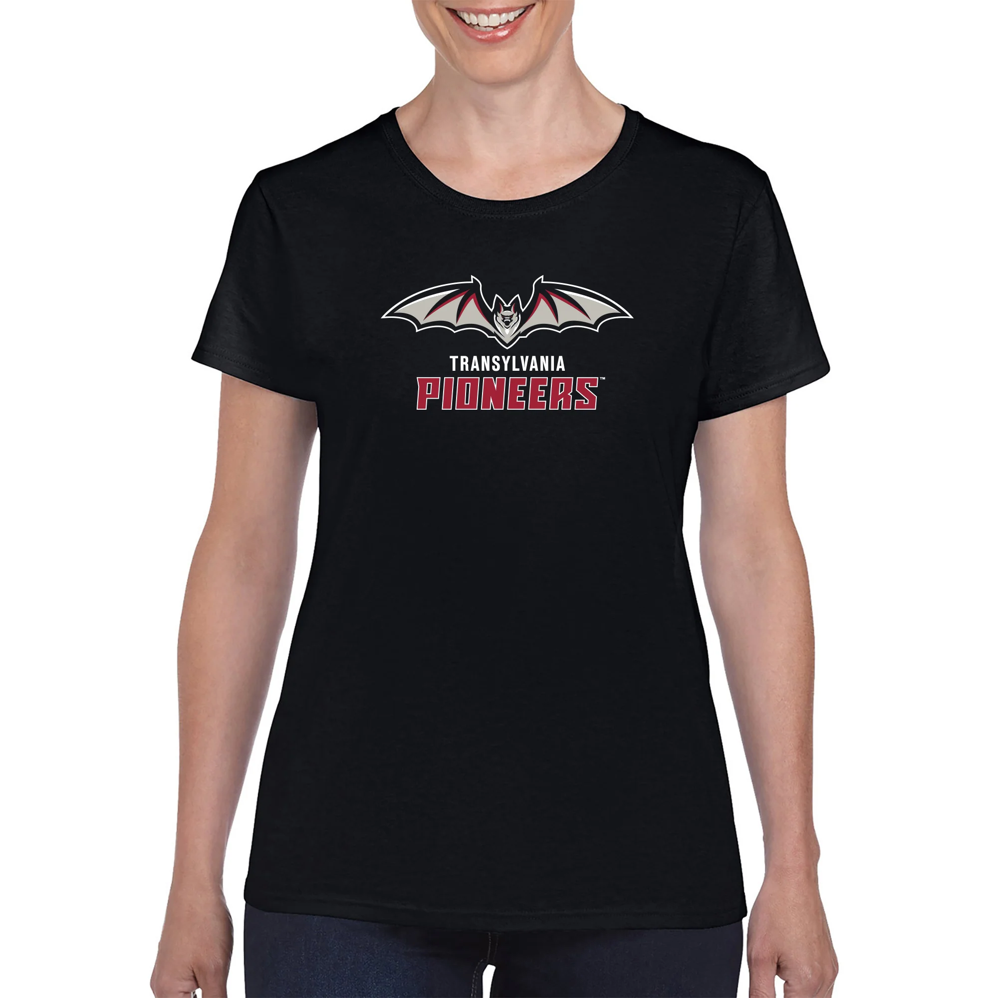 Transylvania University Pioneers Primary Logo Womens Short Sleeve T Shirt - Black - Image 4