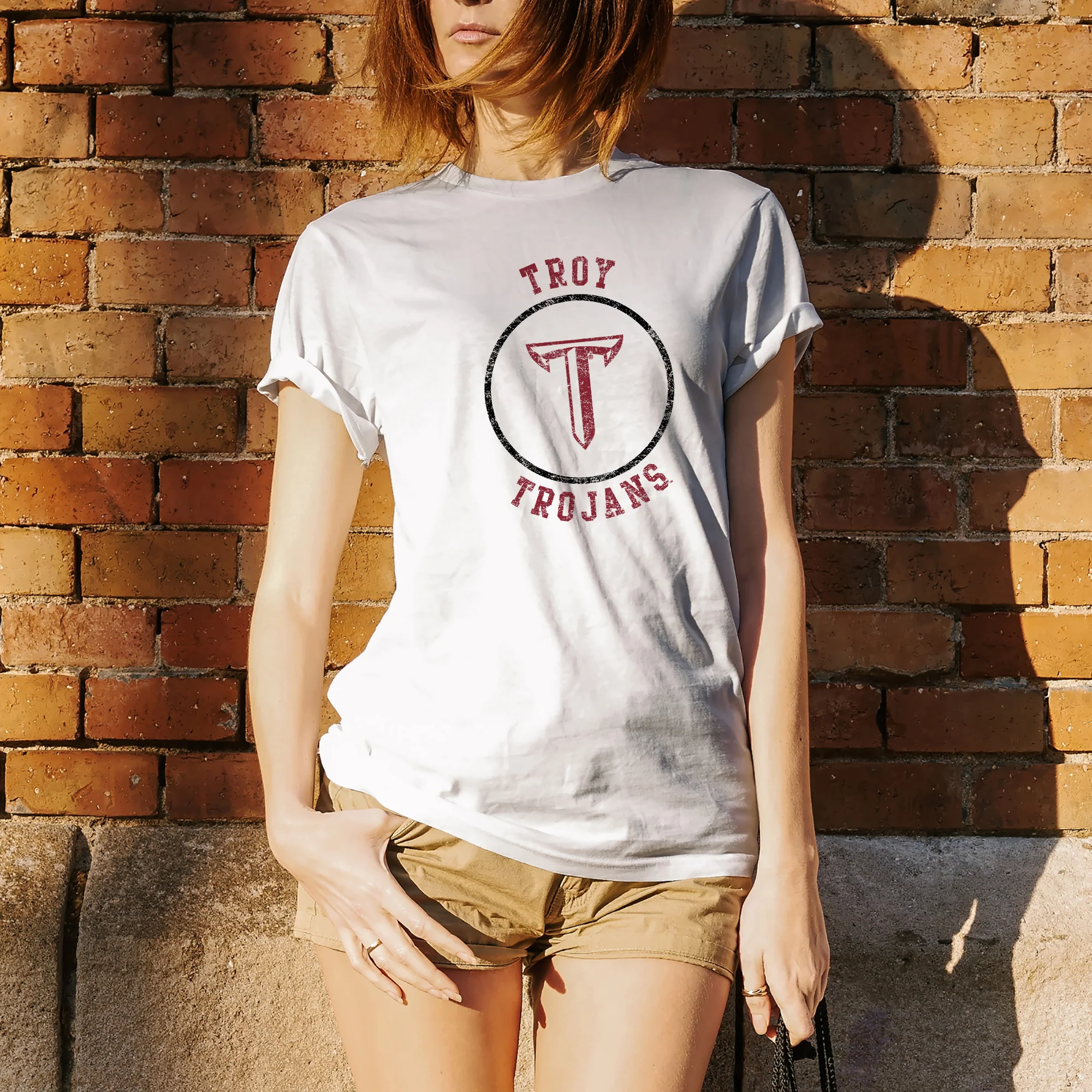 Troy University Trojans Distressed Circle Logo Cotton T-Shirt - White - Image 4