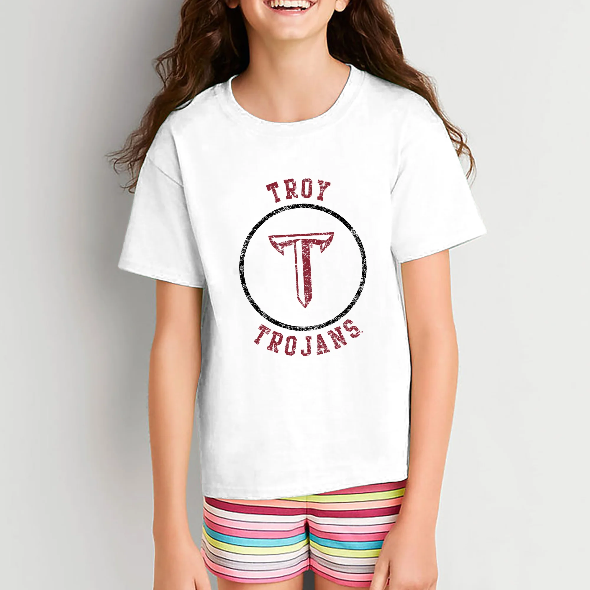 Troy University Trojans Distressed Circle Logo Cotton Youth T-Shirt - White - Image 4