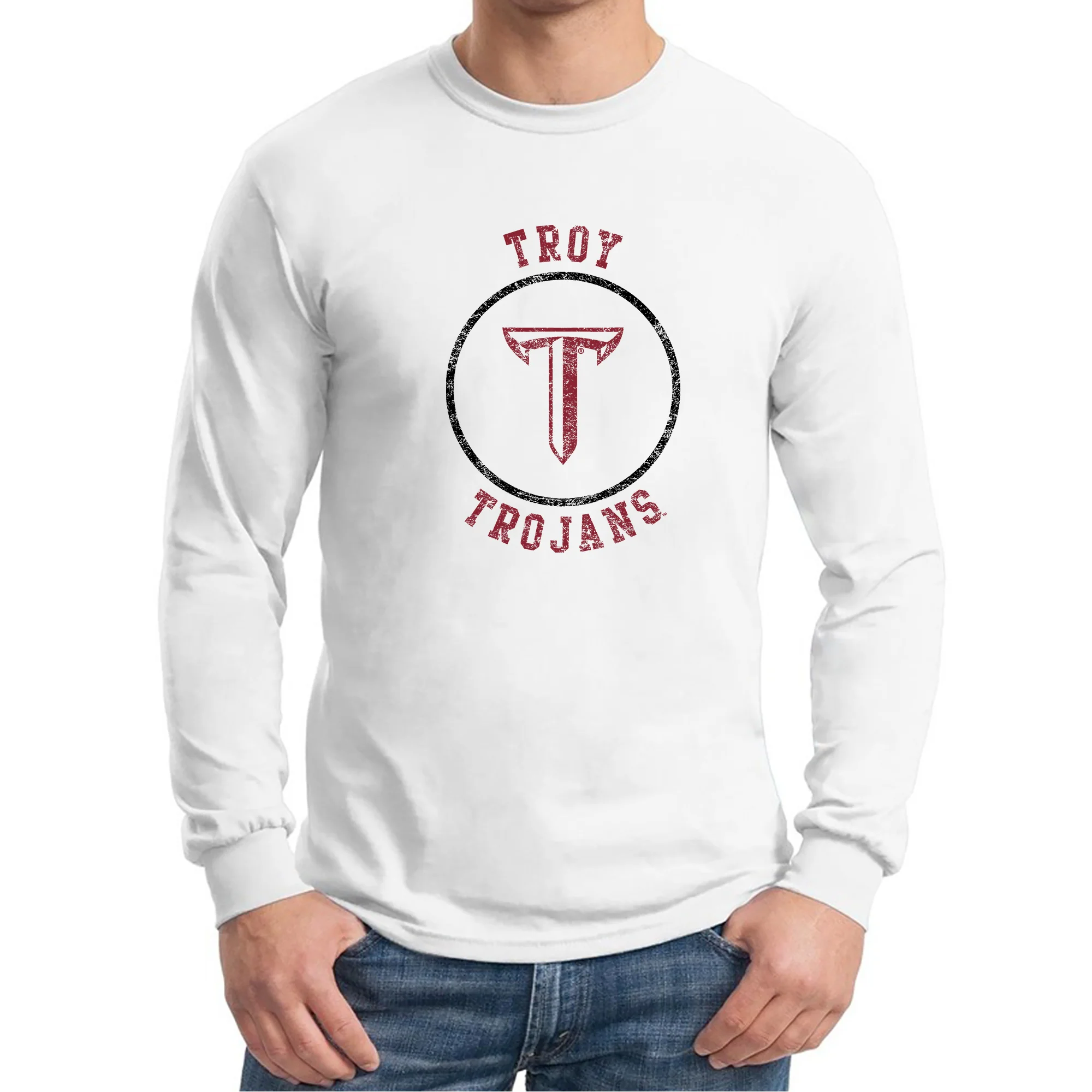 Troy University Trojans Distressed Circle Logo Long Sleeve T-Shirt - White - Image 3
