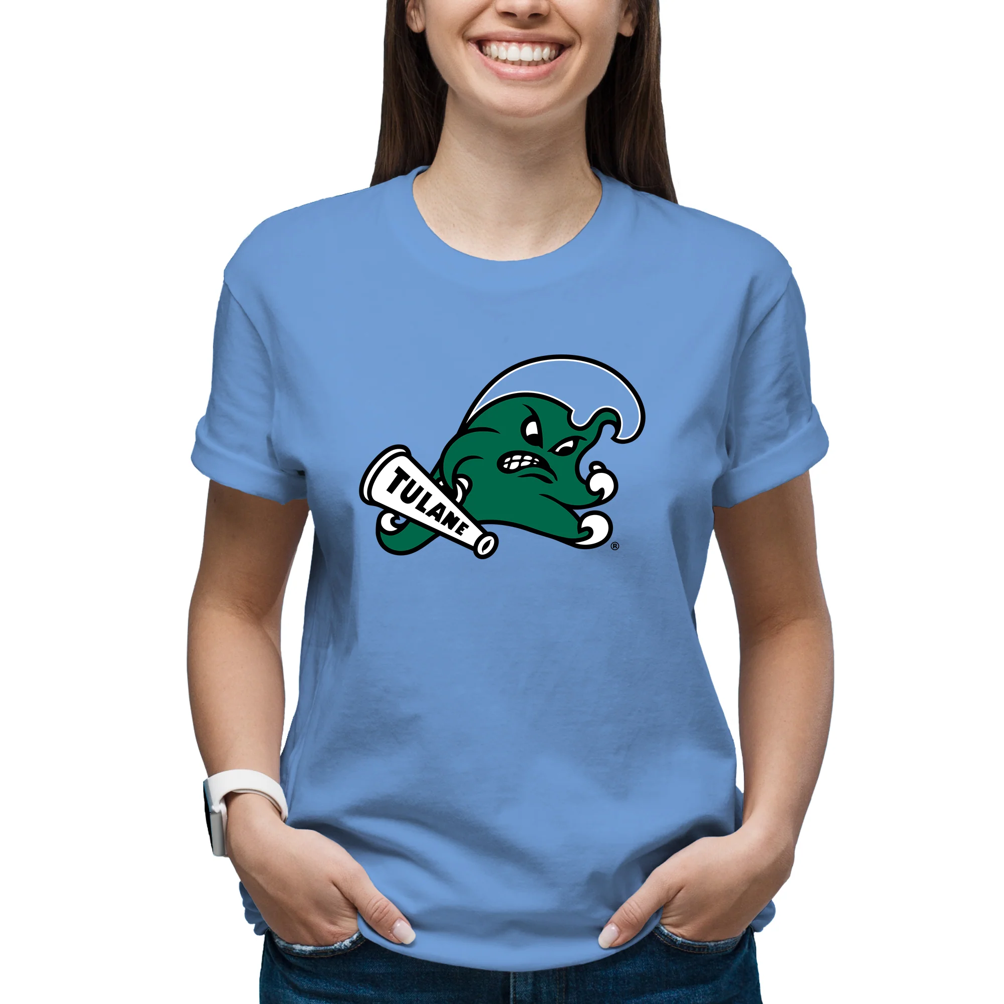 Tulane University Green Wave Primary Logo T-Shirt - CBlue - Image 4