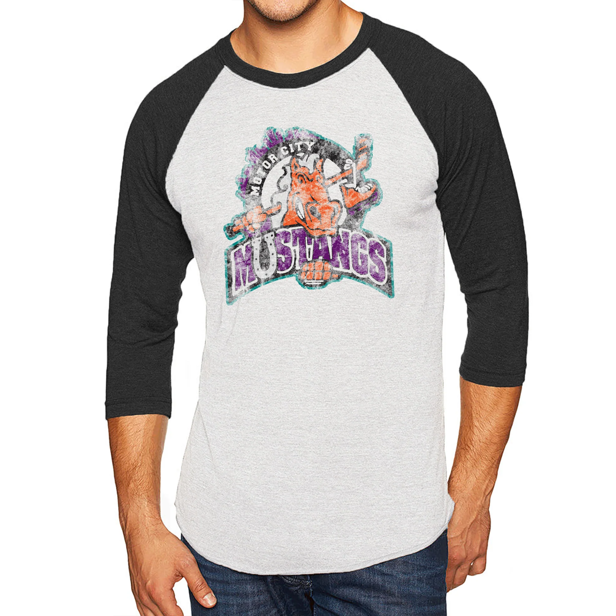 UGP Classics RHI Motor City Mustangs 3/4 Sleeve Raglan T-Shirt - Heather White/Vintage Black - Image 4