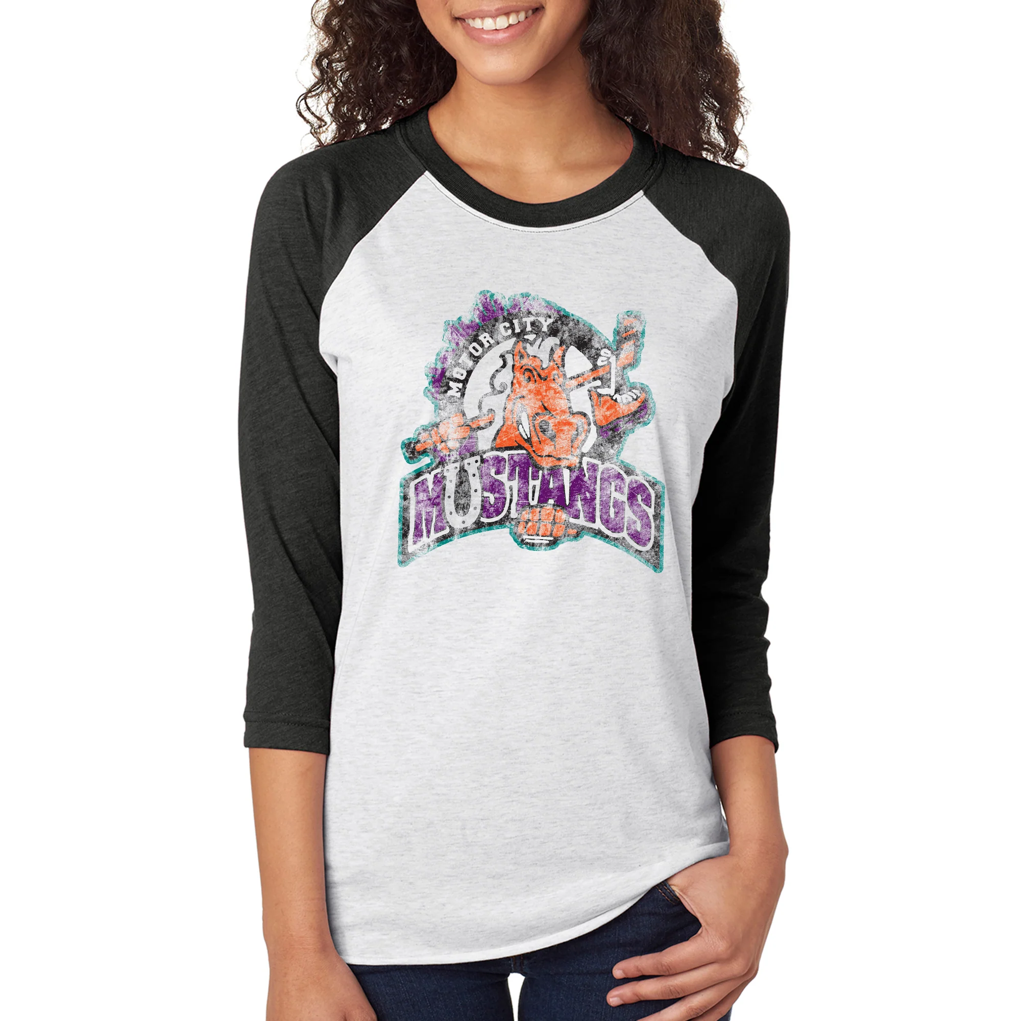 UGP Classics RHI Motor City Mustangs 3/4 Sleeve Raglan T-Shirt - Heather White/Vintage Black - Image 5