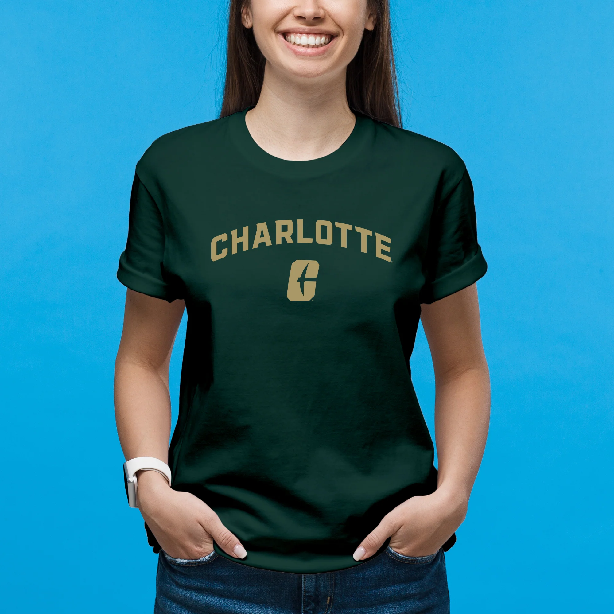 UNC Charlotte Forty-Niners Arch Logo Short Sleeve T Shirt - Forest - Image 4