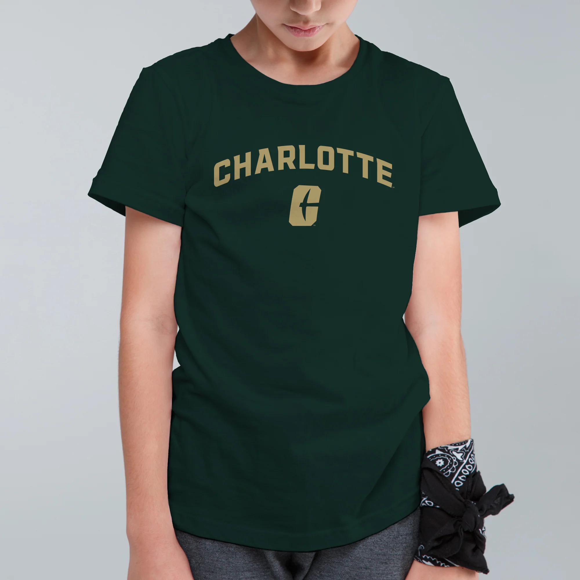 UNC Charlotte Forty-Niners Arch Logo Youth Short Sleeve T Shirt - Forest - Image 3