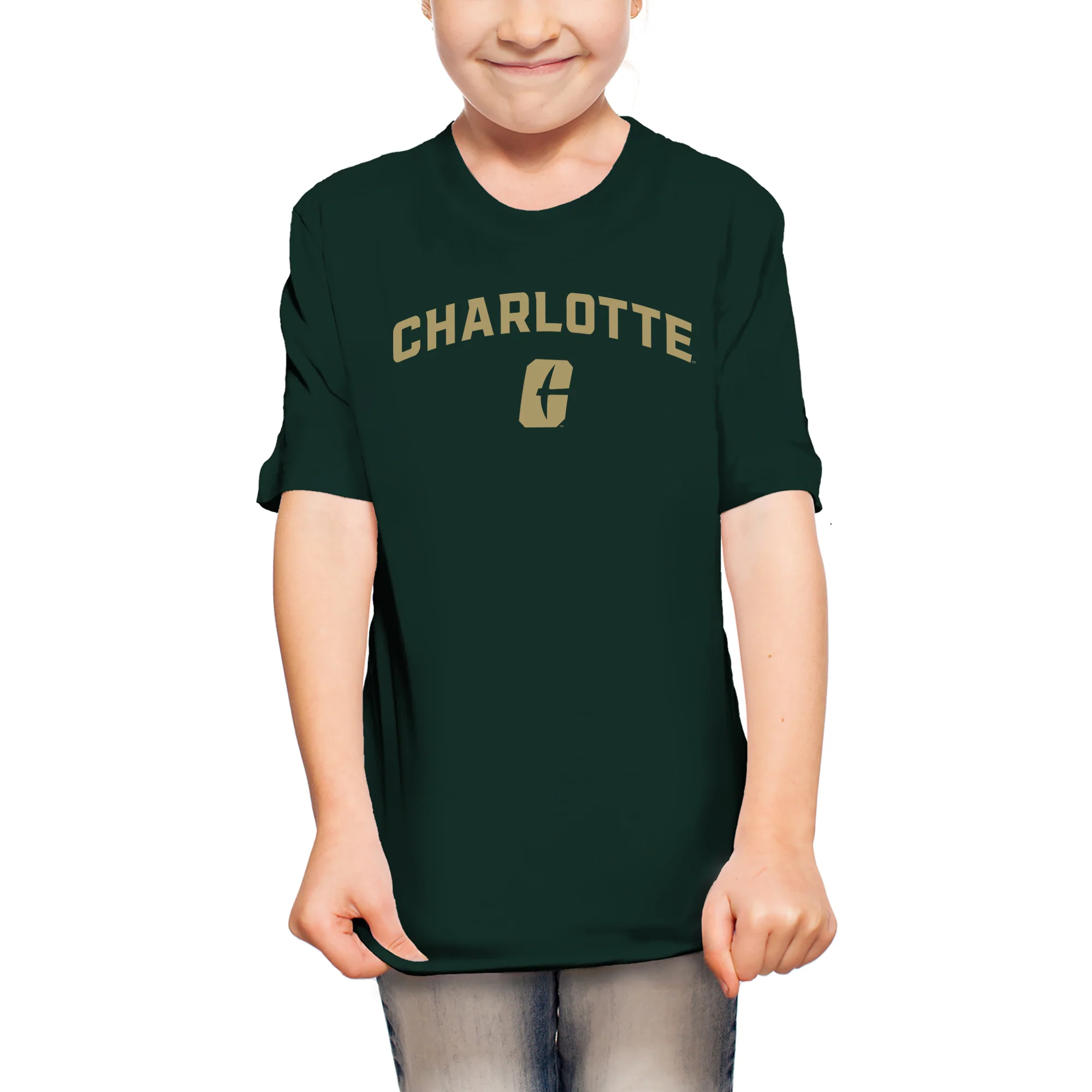UNC Charlotte Forty-Niners Arch Logo Youth Short Sleeve T Shirt - Forest - Image 4