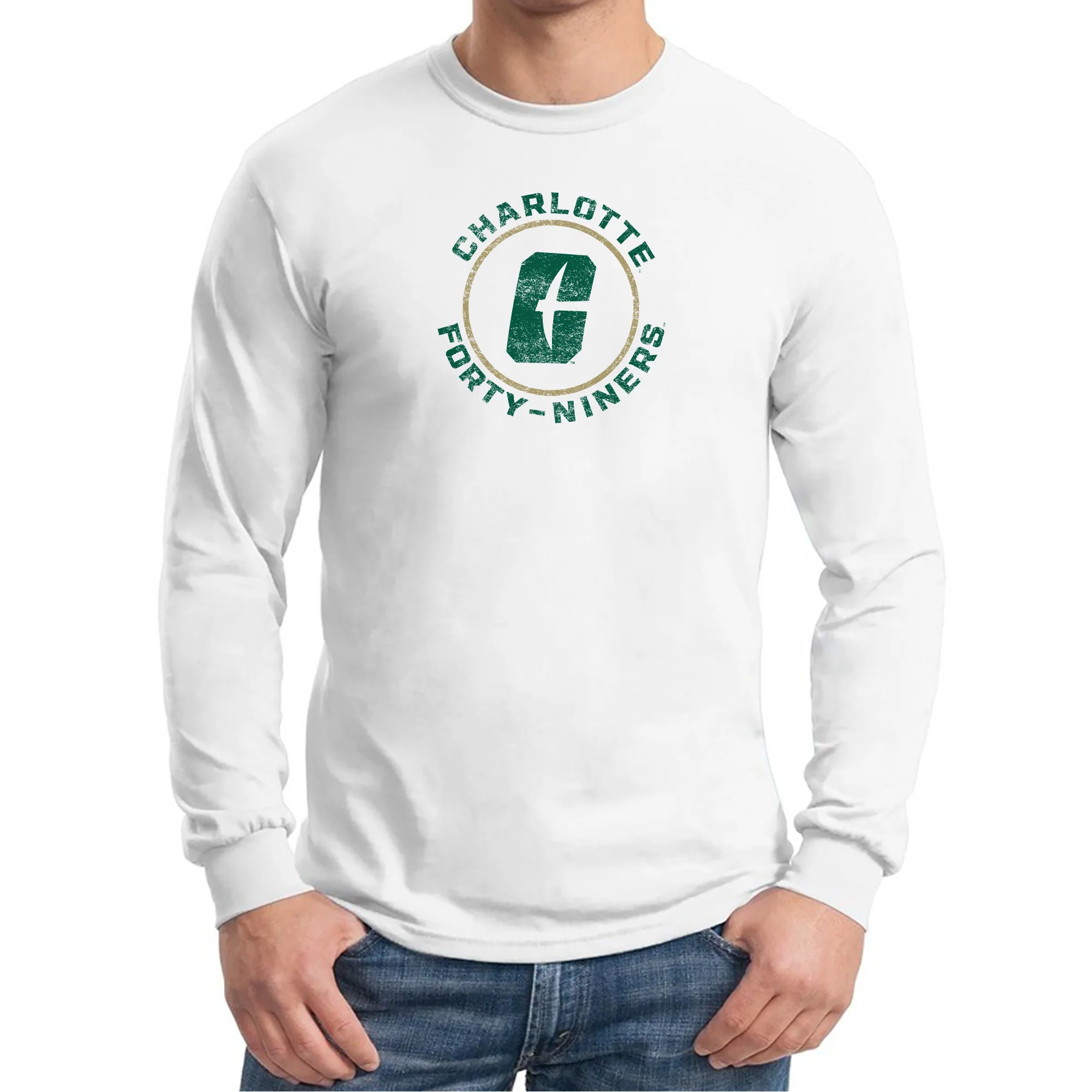 UNC Charlotte Forty-Niners Distressed Circle Logo Long Sleeve T Shirt - White - Image 3
