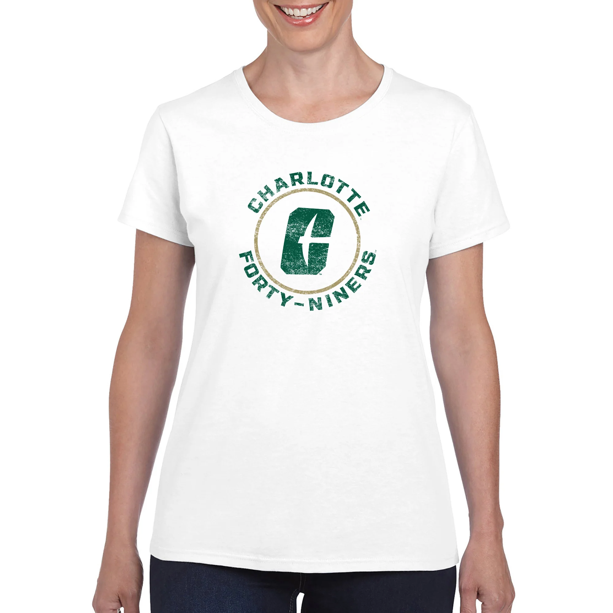 UNC Charlotte Forty-Niners Distressed Circle Logo Women's Short Sleeve T Shirt - White - Image 3