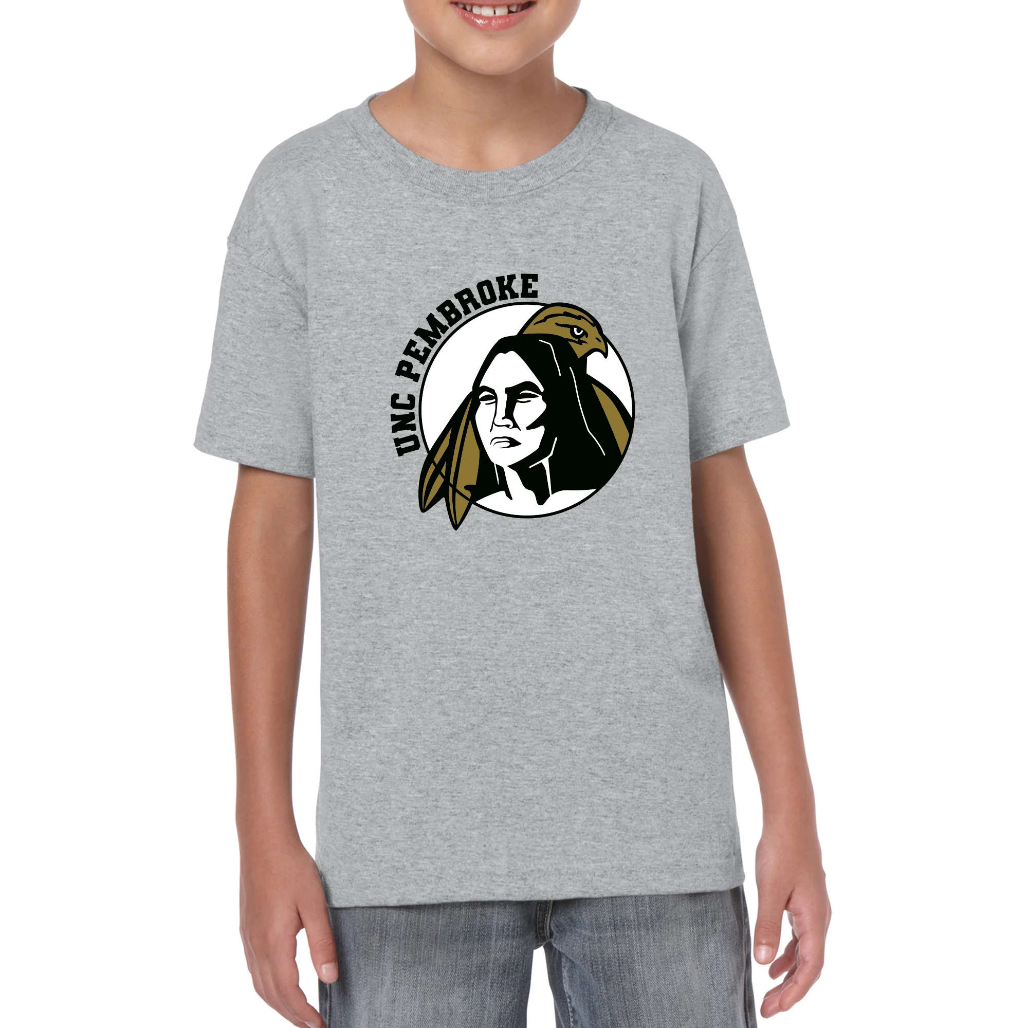UNC Pembroke Braves Primary Logo Youth T Shirt - Sport Grey - Image 3