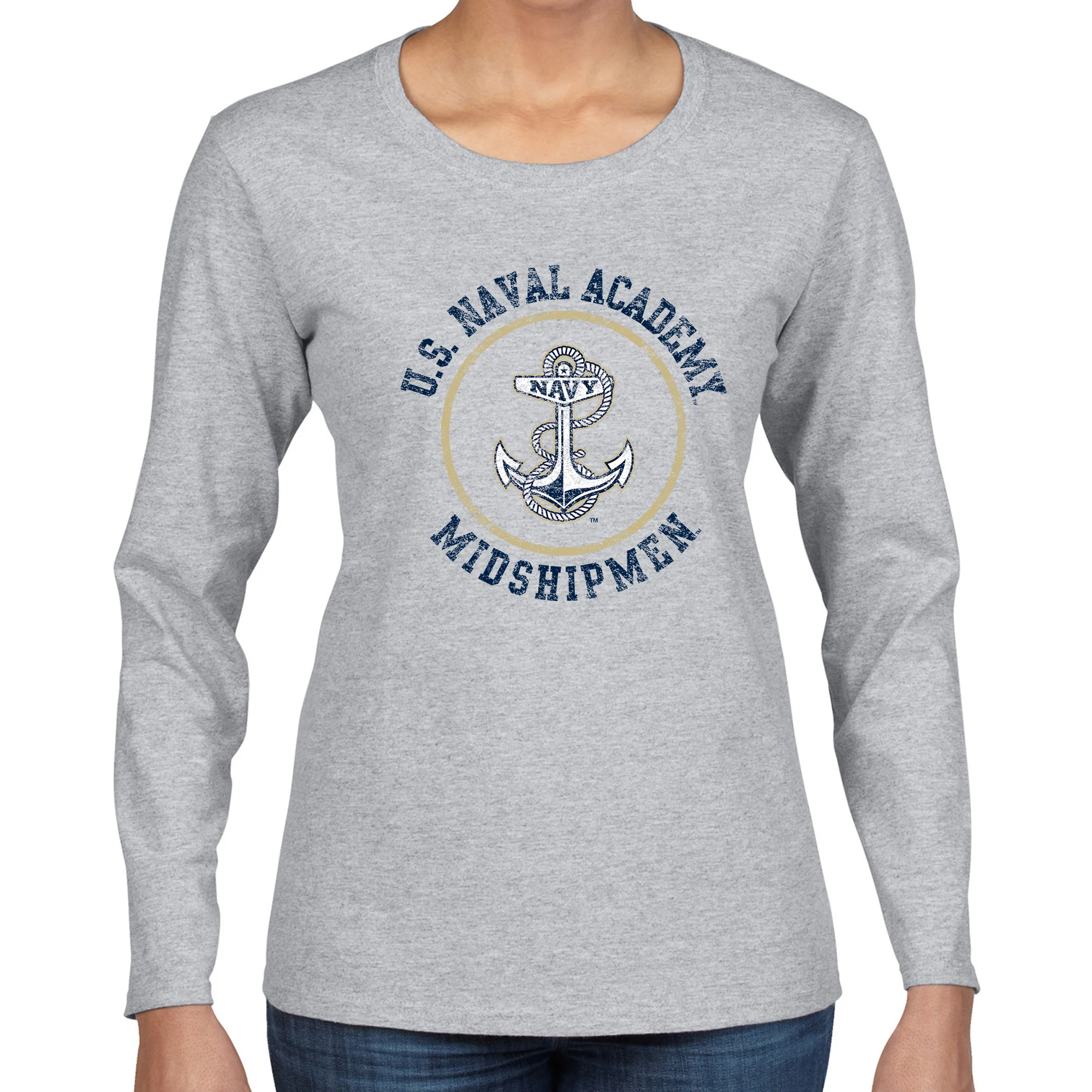 United States Naval Academy Midshipmen Circle Logo Women's Long Sleeve T Shirt - Athletic Heather - Image 3