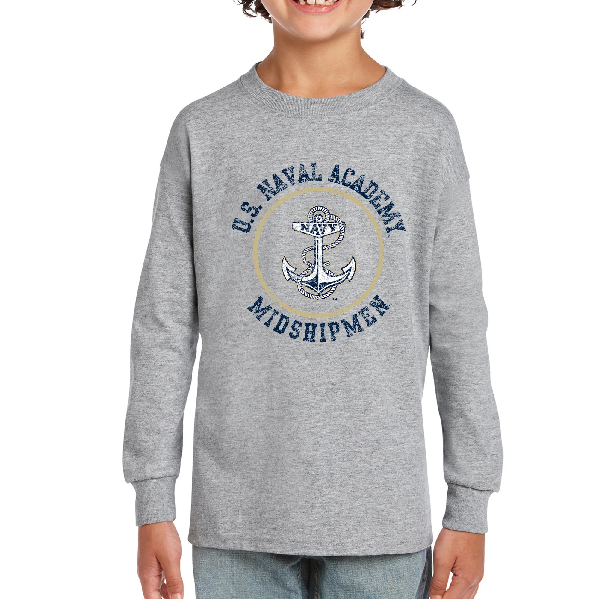 United States Naval Academy Midshipmen Circle Logo Youth Long Sleeve T Shirt - Sport Grey - Image 3