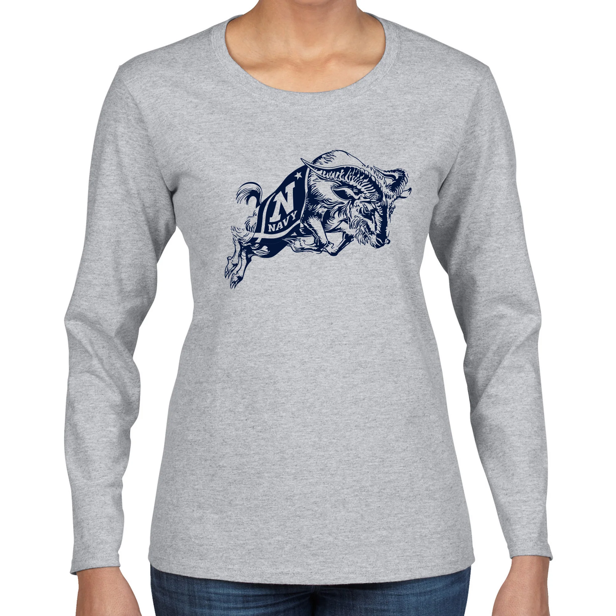 United States Naval Academy Midshipmen Primary Logo Women's Long Sleeve T Shirt - Athletic Heather - Image 3
