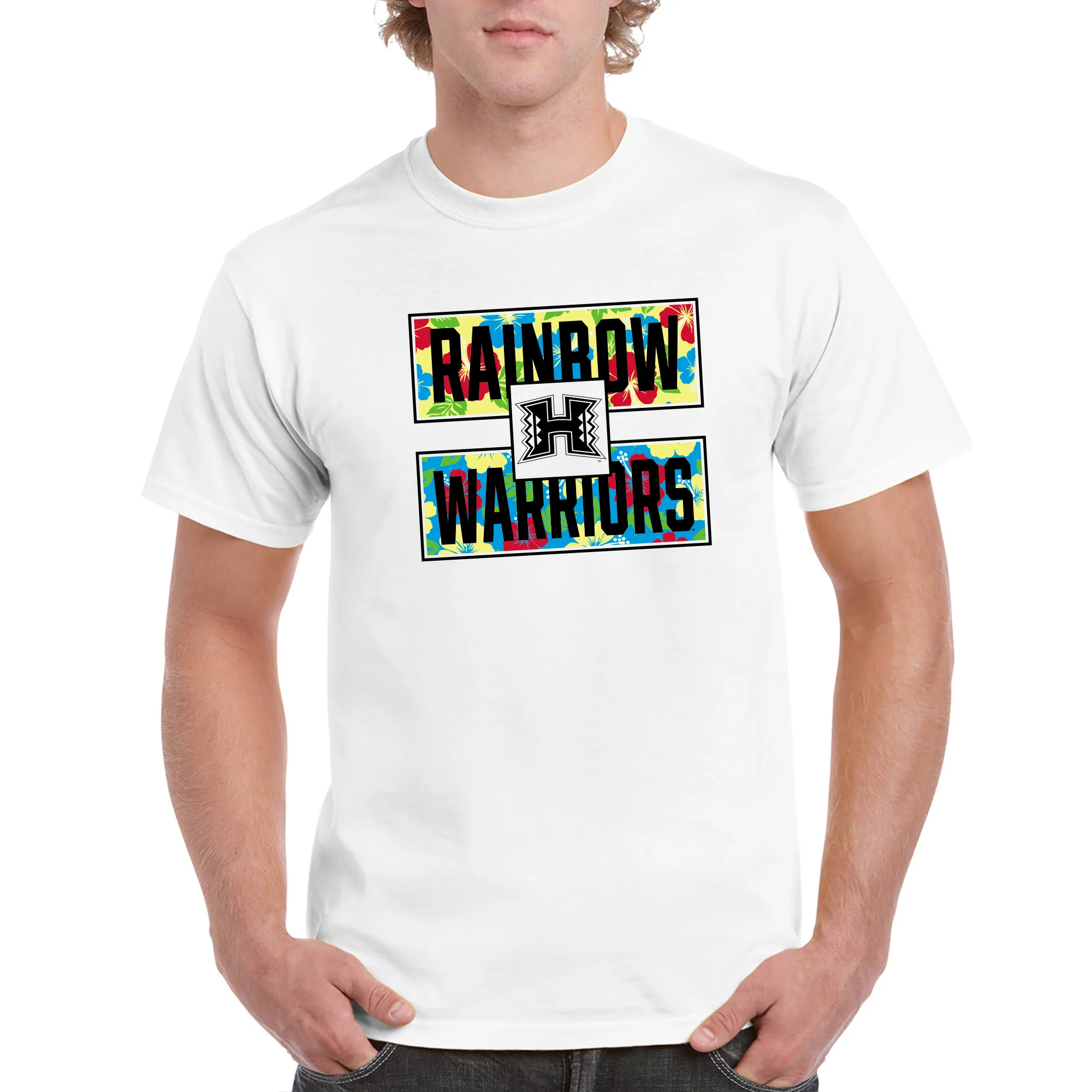 University of Hawaii Rainbow Warriors Hibiscus Pattern Blocks Cotton T-Shirt - White - Image 3
