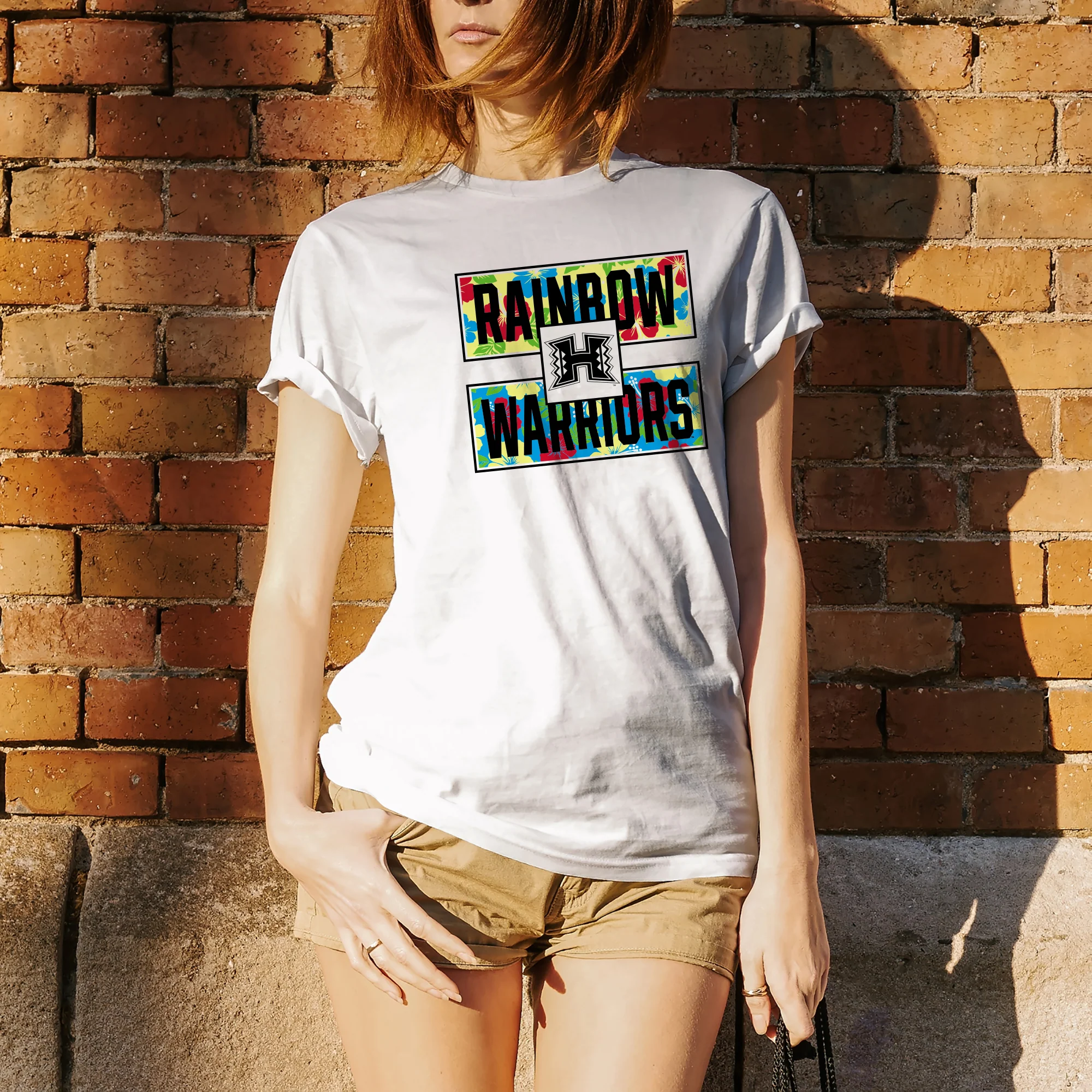 University of Hawaii Rainbow Warriors Hibiscus Pattern Blocks Cotton T-Shirt - White - Image 4