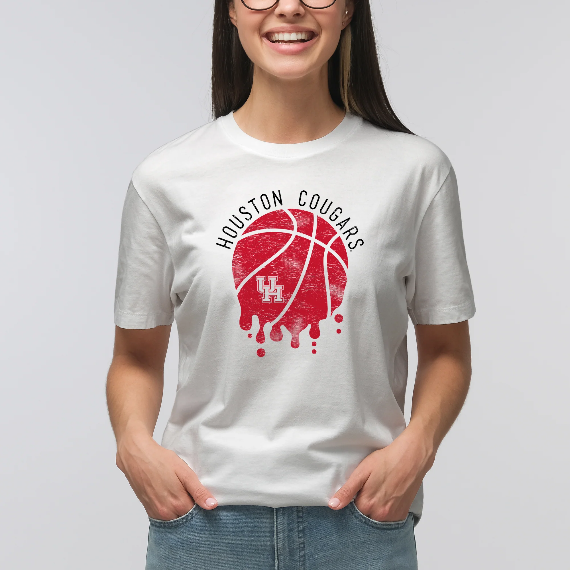 University of Houston Cougars Basketball Dribble Basic Cotton Short Sleeve T Shirt - White - Image 4