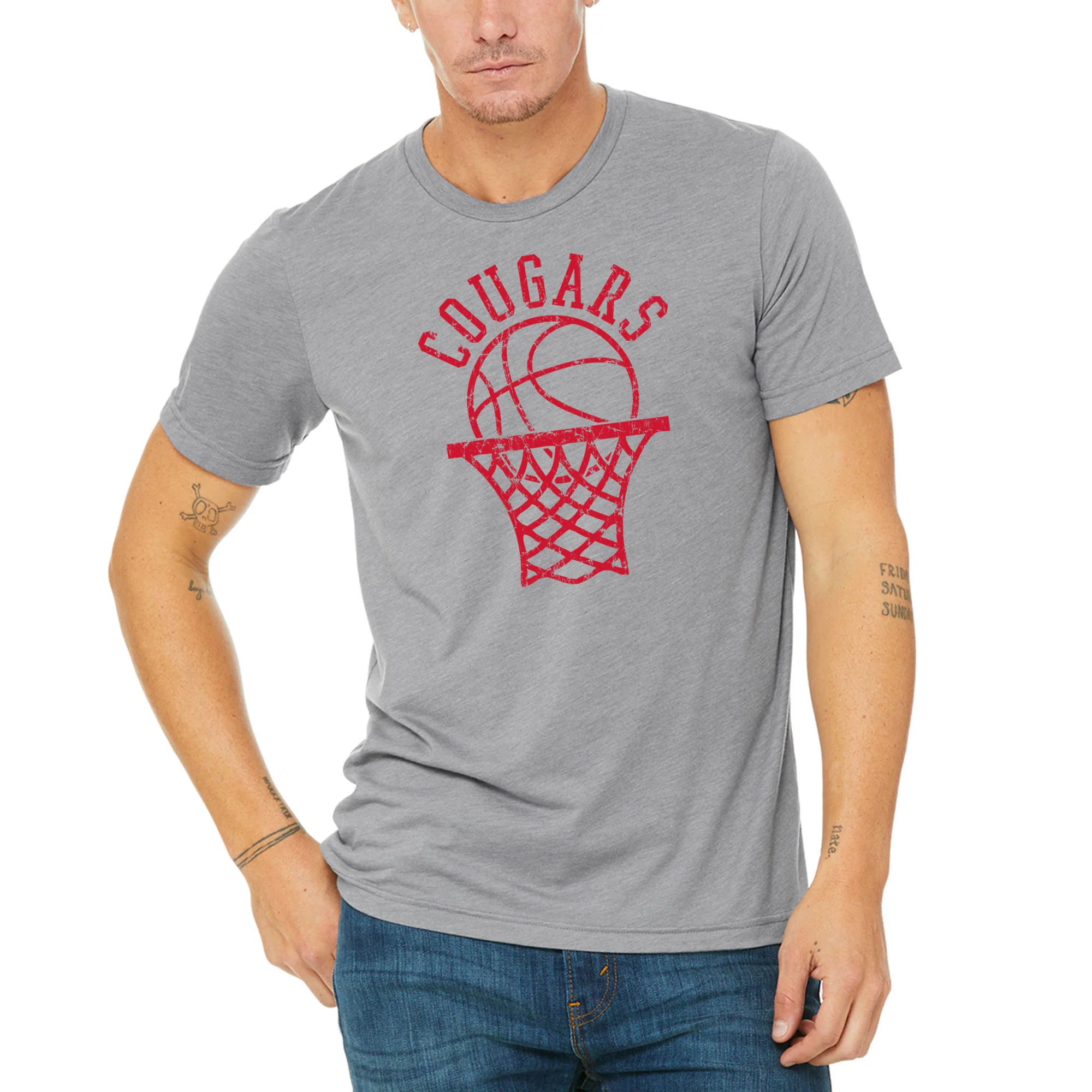University of Houston Cougars Retro Basketball Hoop Canvas Triblend Short Sleeve T Shirt - Athletic Grey - Image 4
