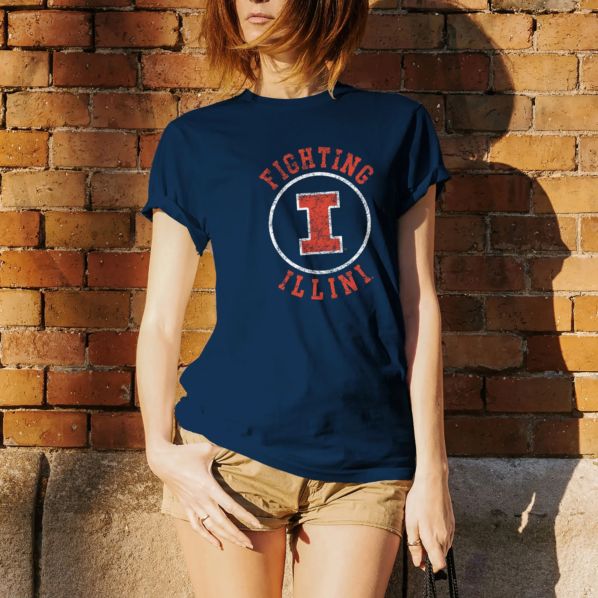 University of Illinois Fighting Illini Distressed Circle Logo Cotton T-Shirt - Navy - Image 4