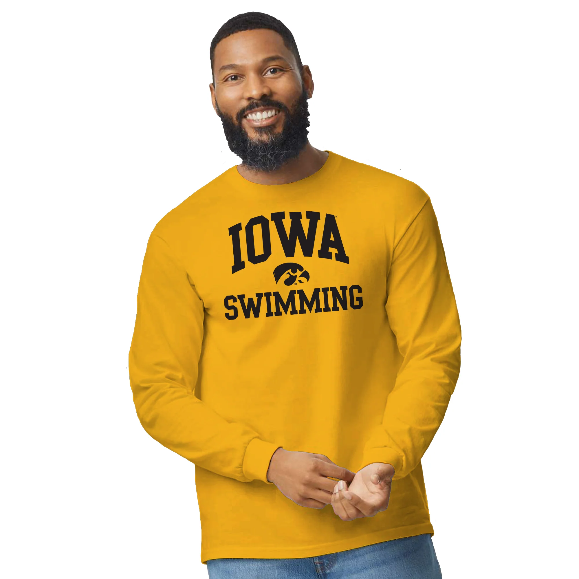 University of Iowa Hawkeyes Arch Logo Swimming Long Sleeve T Shirt- Gold - Image 4
