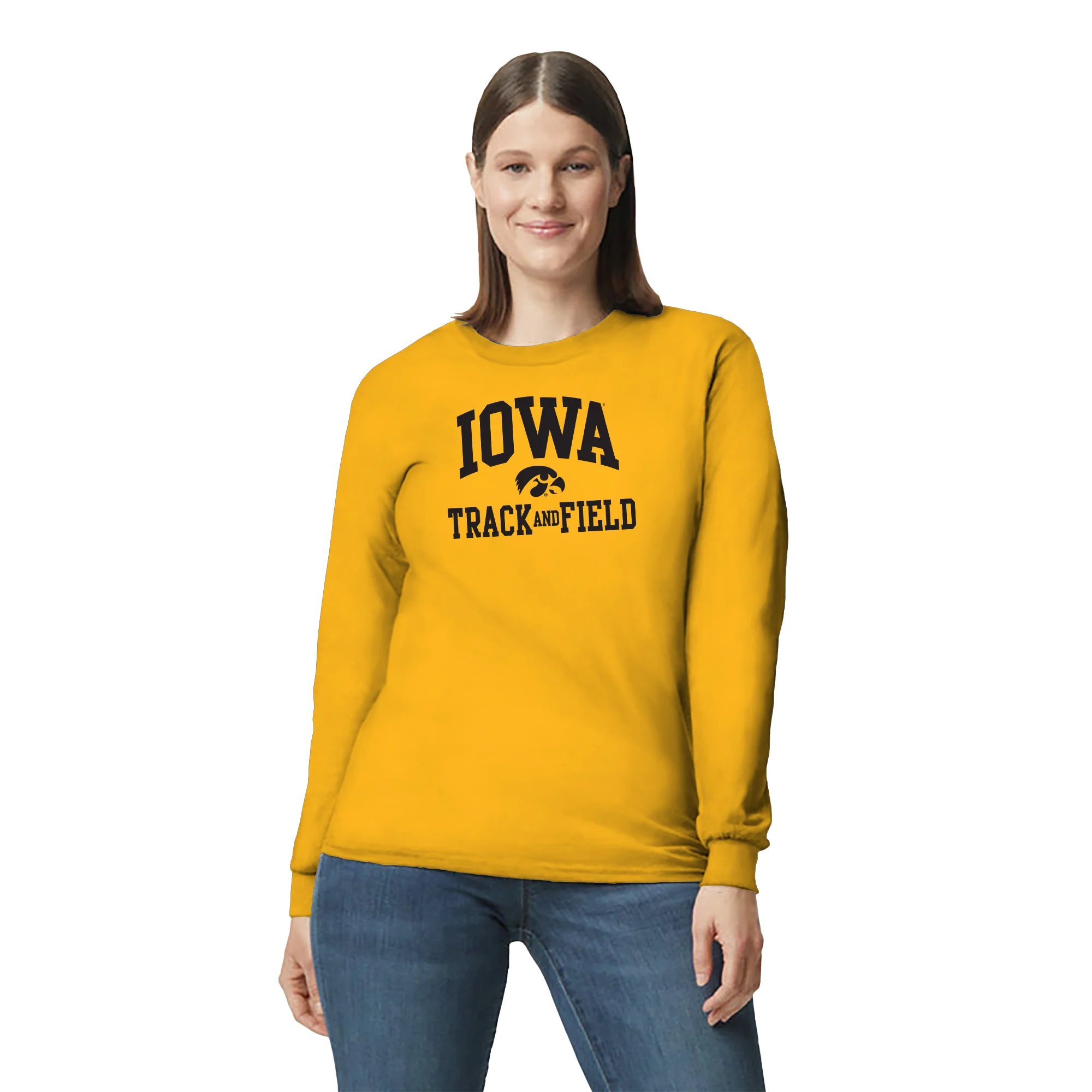 University of Iowa Hawkeyes Arch Logo Track and Field Long Sleeve T Shirt- Gold - Image 4
