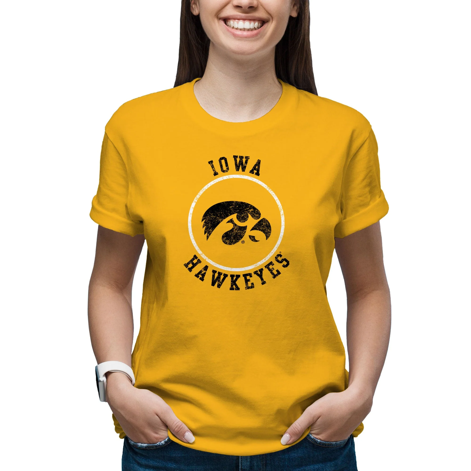 University of Iowa Hawkeyes Distressed Circle Logo Short Sleeve T Shirt - Gold - Image 4