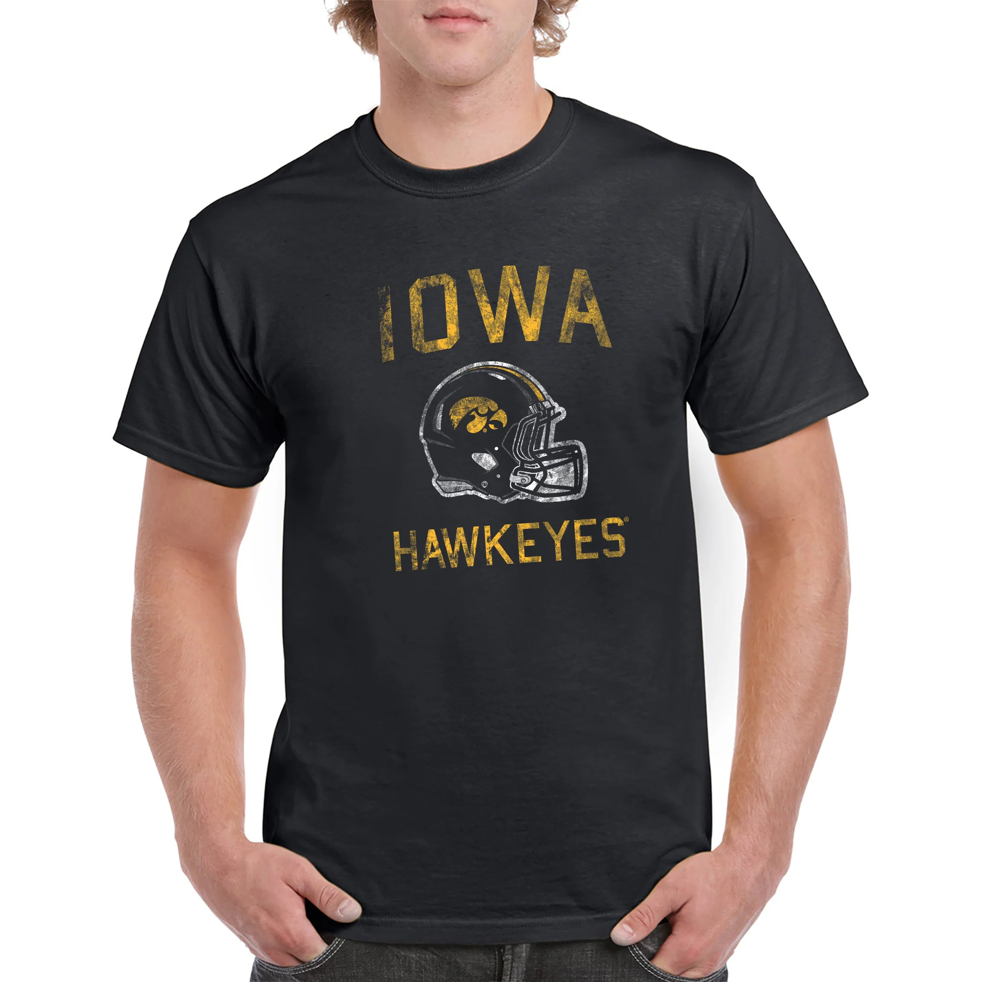 University of Iowa Hawkeyes Faded Football Helmet Basic Cotton Short Sleeve T Shirt - Black - Image 3
